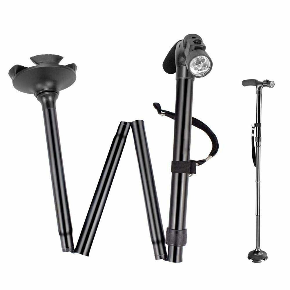 LED Folding Walking Cane for Seniors Men & Women w/ Non-Slip T Handle and Strap