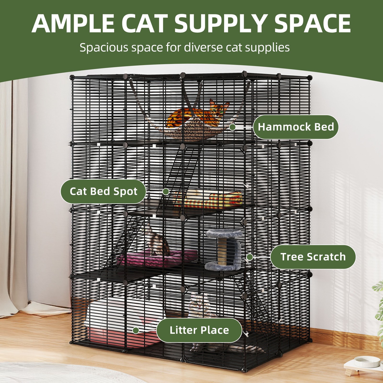 41x55" Black 4 Tier Ferret Cage Free Hammock Metal Rabbit Hutch Cat Catio