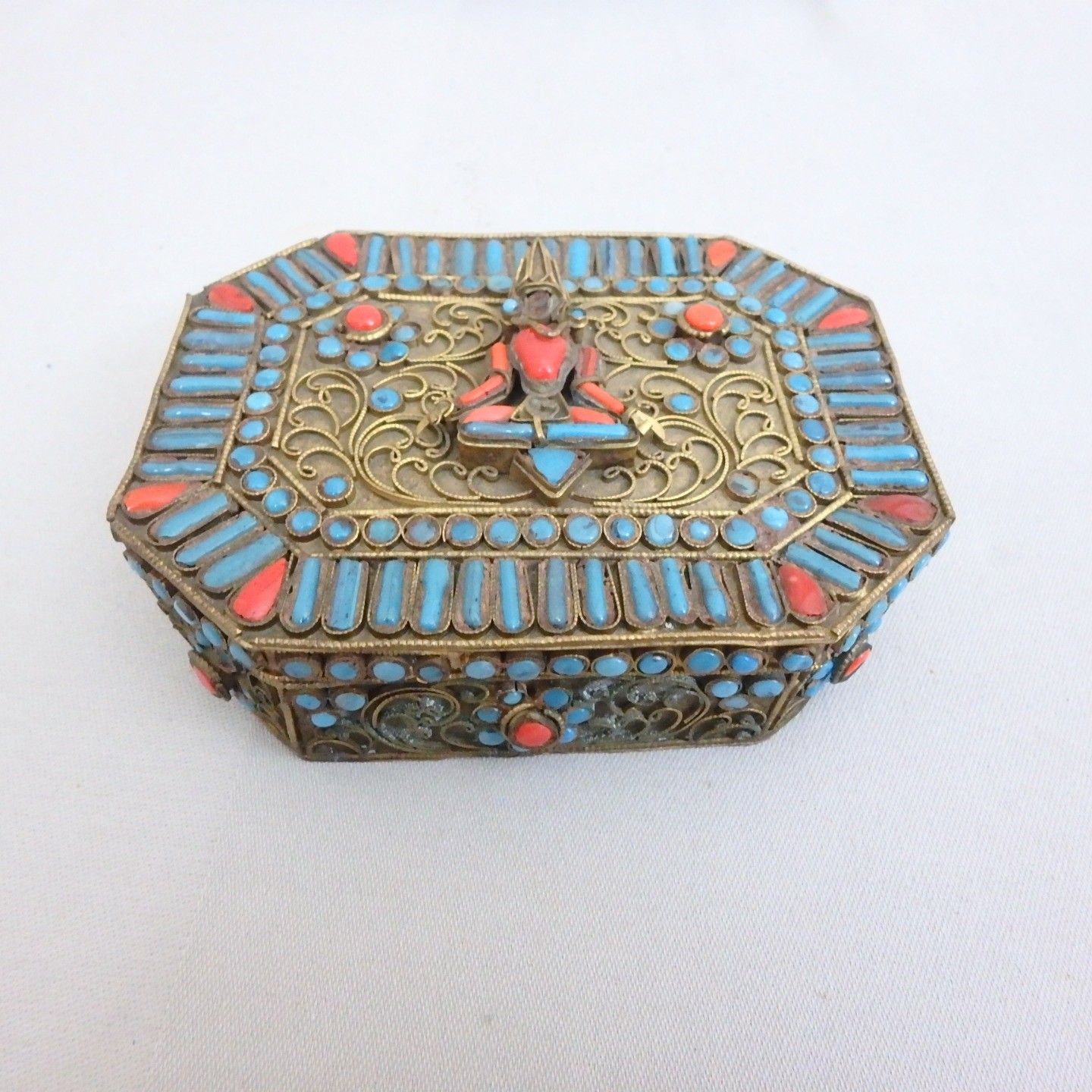 Antique Tibetan Gau, Prayer Box; Brass, Turquoise, Coral