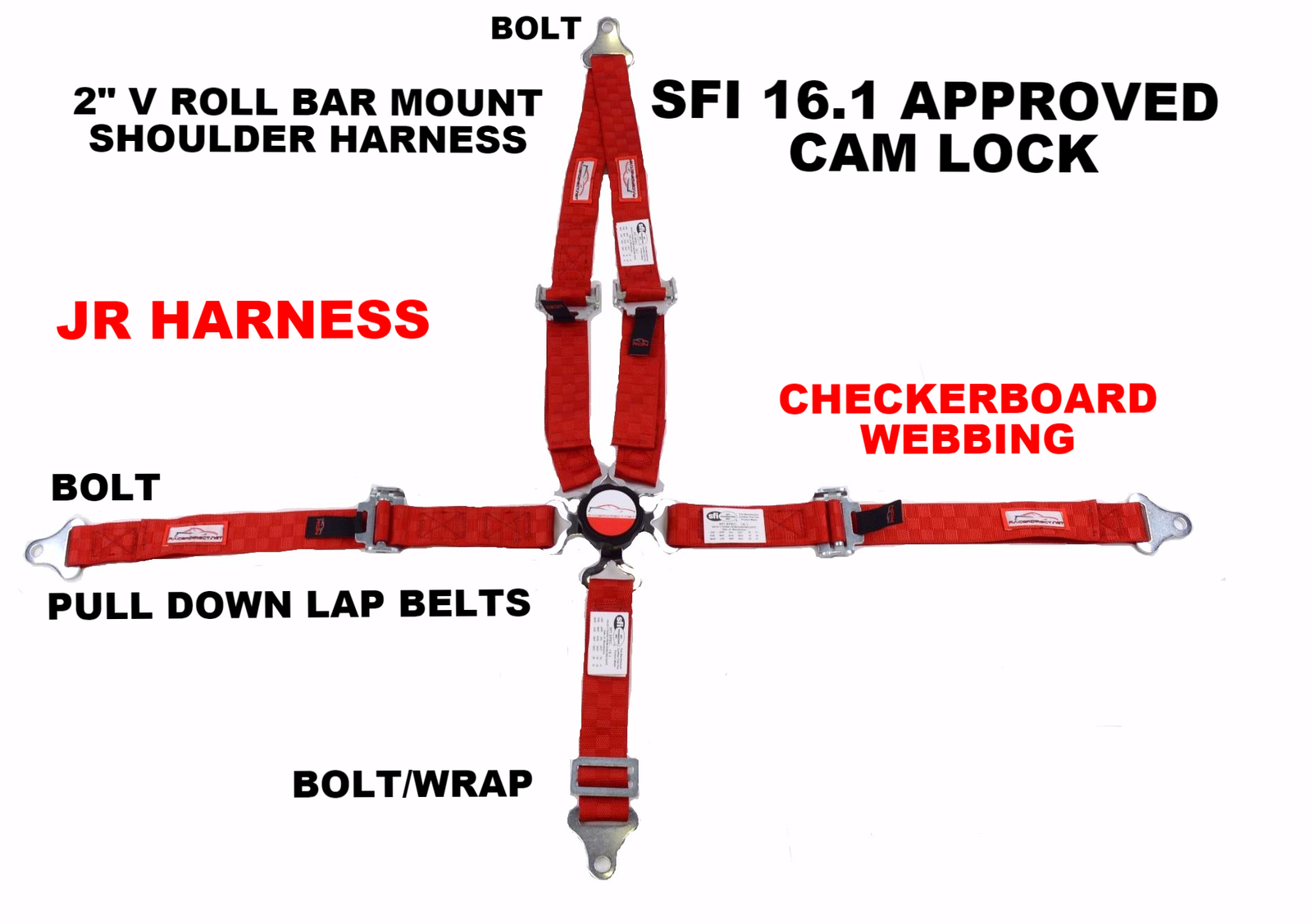 QUARTER MIDGET RACING HARNESS CAM LOCK 2" SFI 16.1 V MOUNT RED CHECKERBOARD