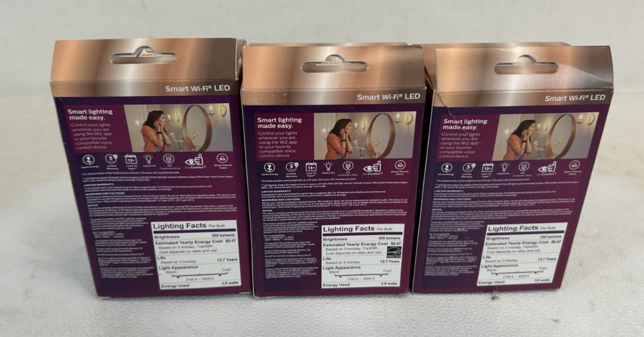 Lot of 3 -Philips Wiz 40W Tunable White Wi-Fi LED Bulb E12 -FREE S/H