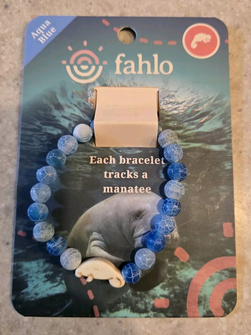 Fahlo Bracelet The Drift MANATEE AQUA Blue Tracking Stone w/ Tracking Card NEW