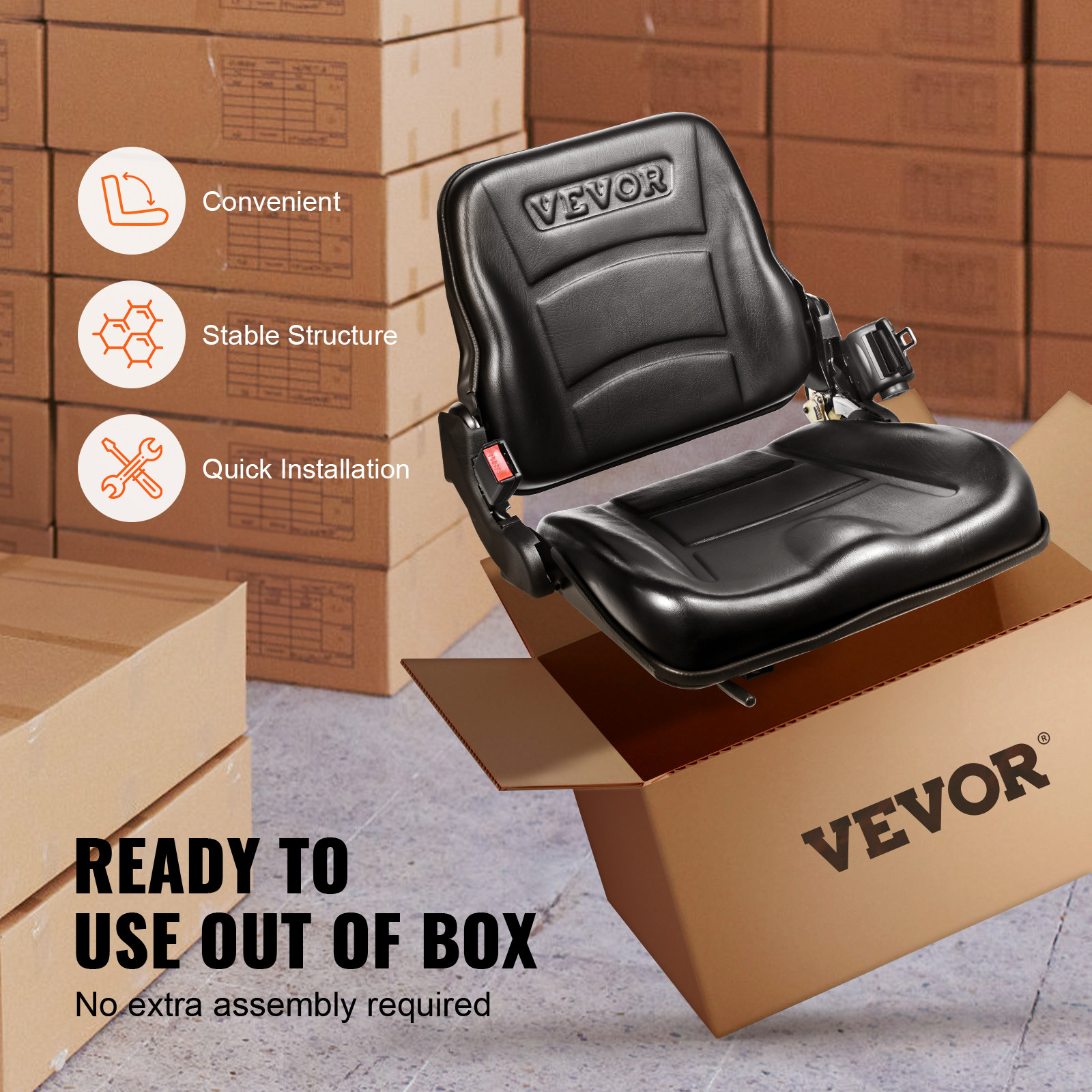 VEVOR Universal Forklift Seat Fold Down Forklift Seat Adjustable Back & Seatbelt