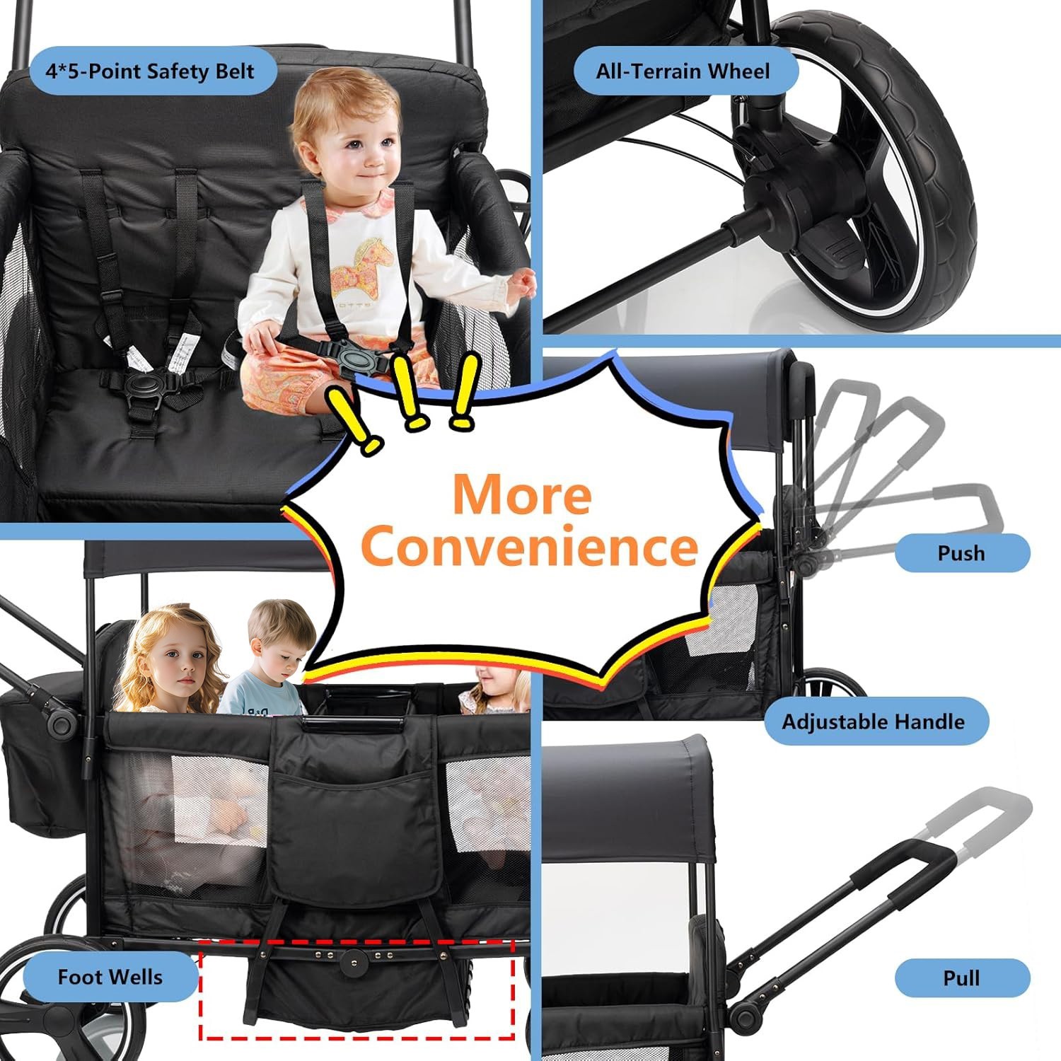 Wagon Stroller for 4 kids Lightweight folding baby stroller&with Mom's bag Black