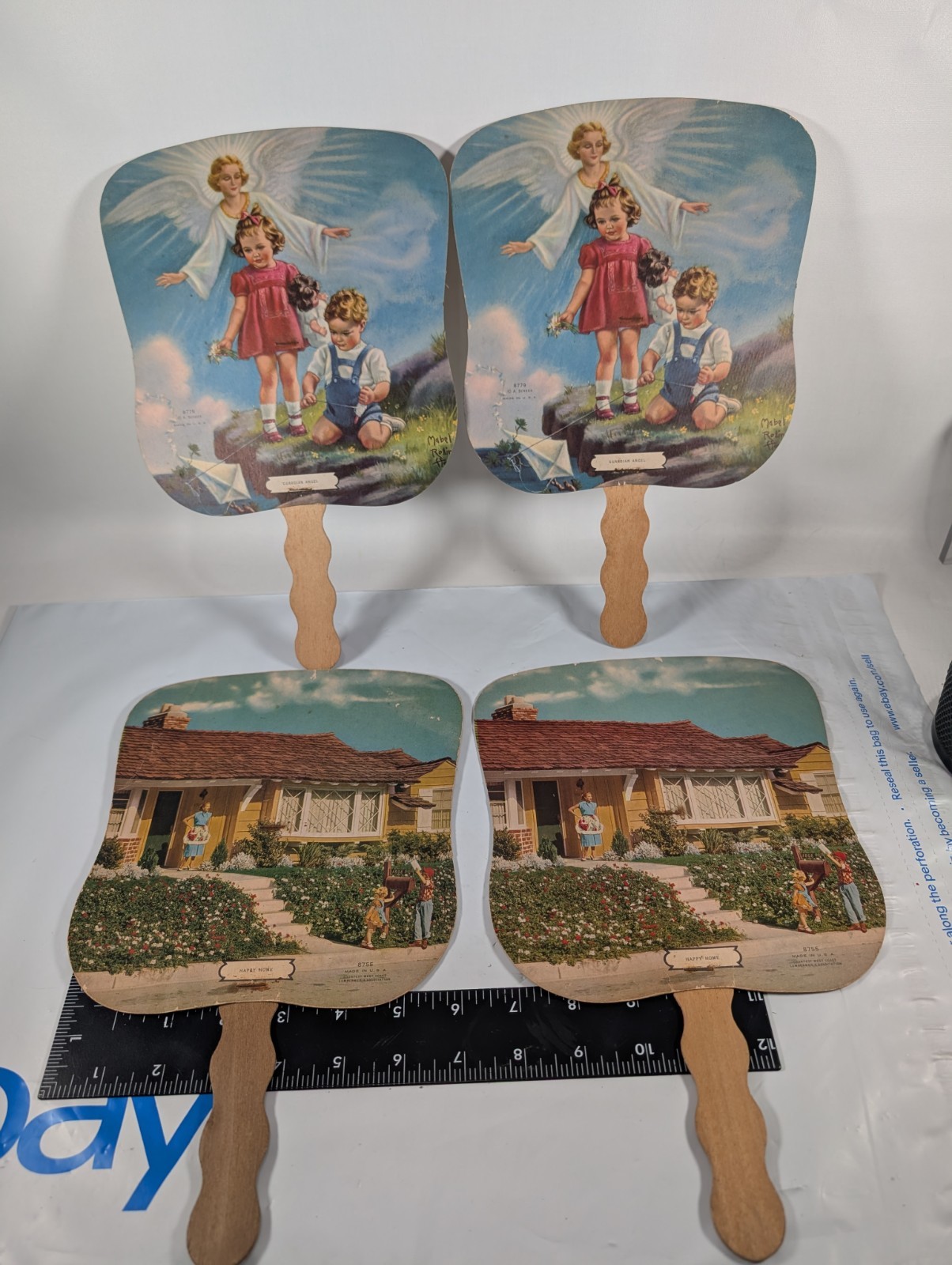 4 Vtg Paper Hand Fans - Newton IL Parker Funeral Home & Ambulance Service  USA