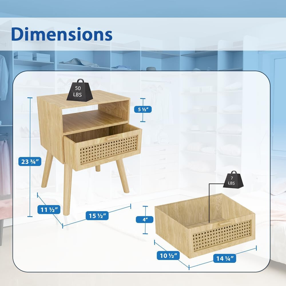 Nightstand with Rattan Door Wooden Bedside Table End Table 1 Drawer Storage