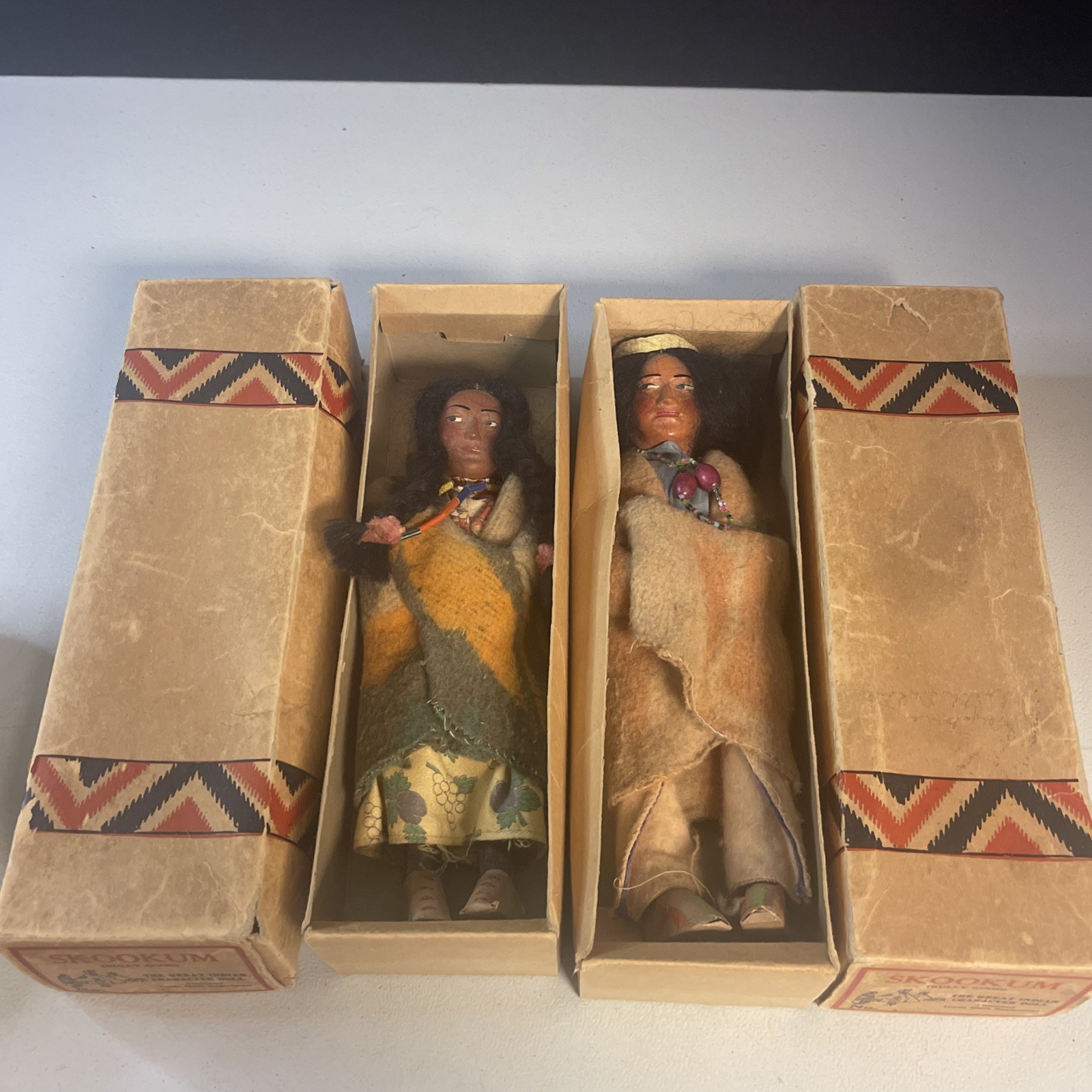 Vintage Skookum Bully Good Native American Indian Dolls w/Boxes