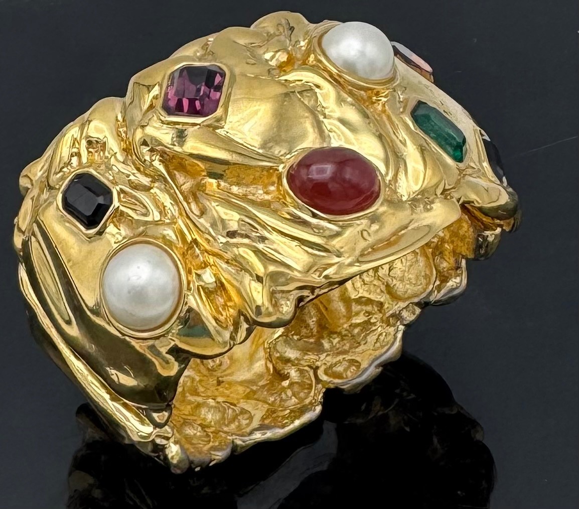 Vintage Ciner Mogul Gold Tone  Pearl Gemstone Heavy Clamper Statement Bracelet