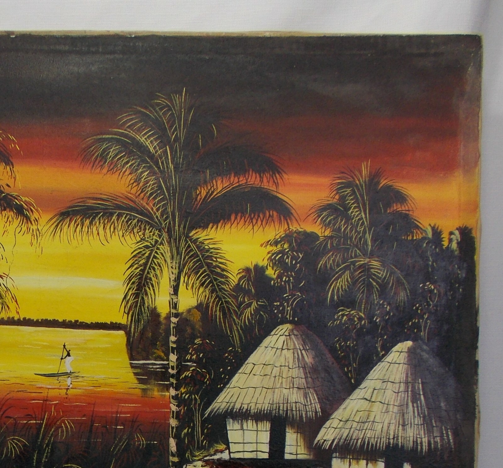 TAMBU 1960's Senegal African oil painting beach village sunset 43 x 28'