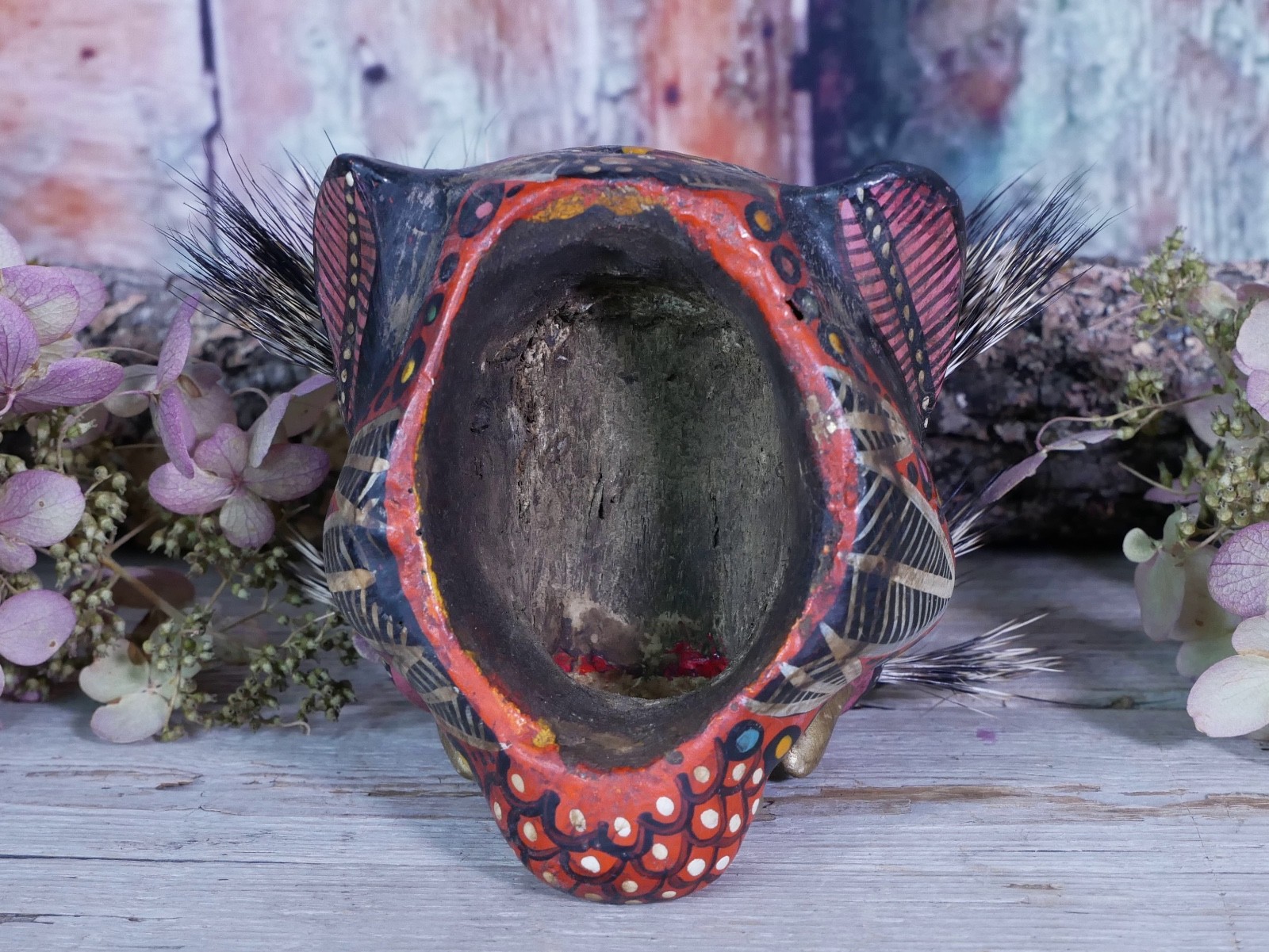 Leopard Jaguar Mask Wood & Boar Hair Whiskers Handmade Nahua Mexican Folk Art Sm