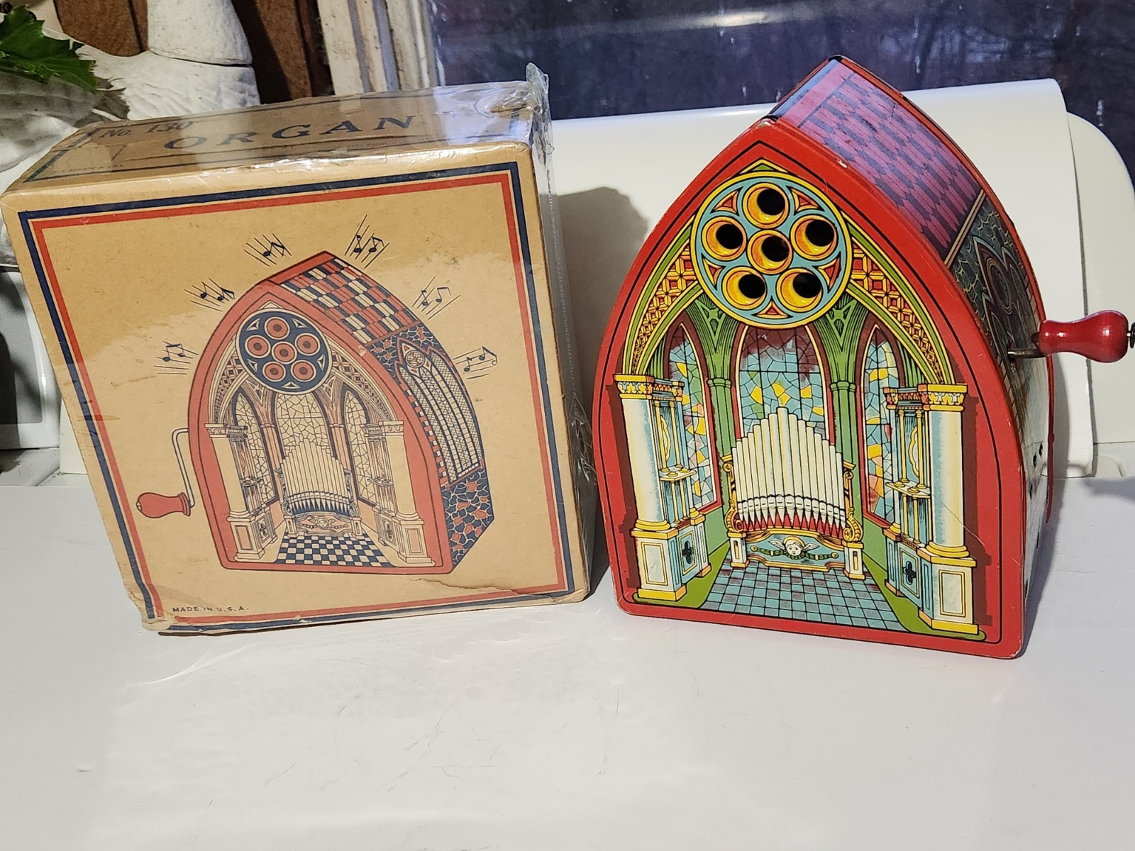 Old Chein Tin Wind Up Musical Cathedral Church Organ With Box