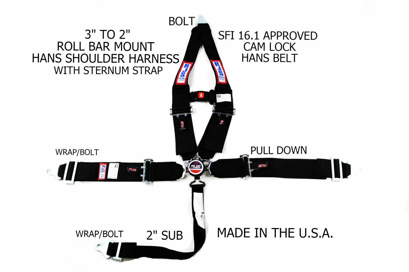 RJS SFI 16.1 5 POINT HANS CAM LOCK V ROLL BAR MOUNT STERNUM STRAP BELT BLACK