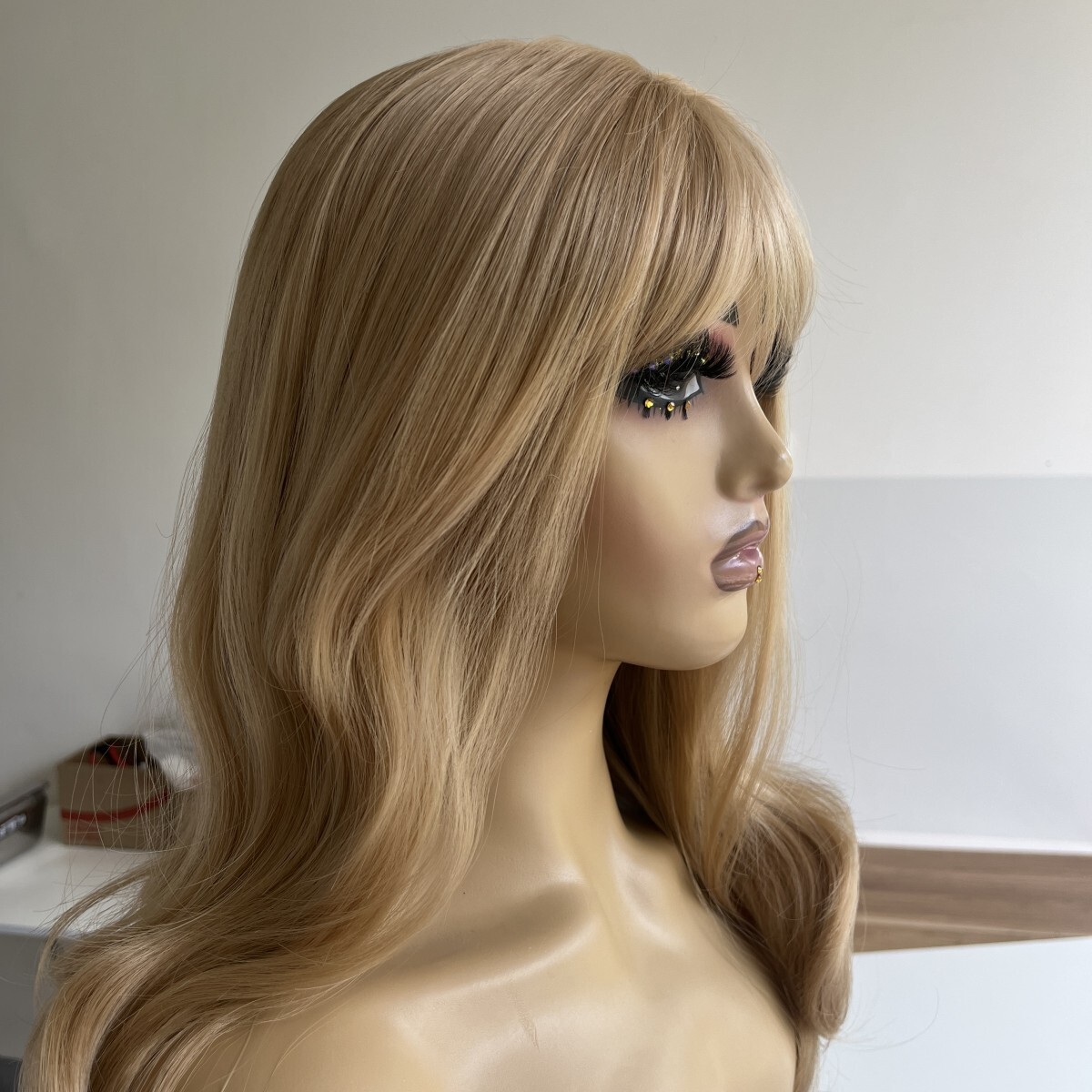 Soft Layered Honey blonde Dress Up Wigs With Bangs Long Wavy Heat Resistant Hair