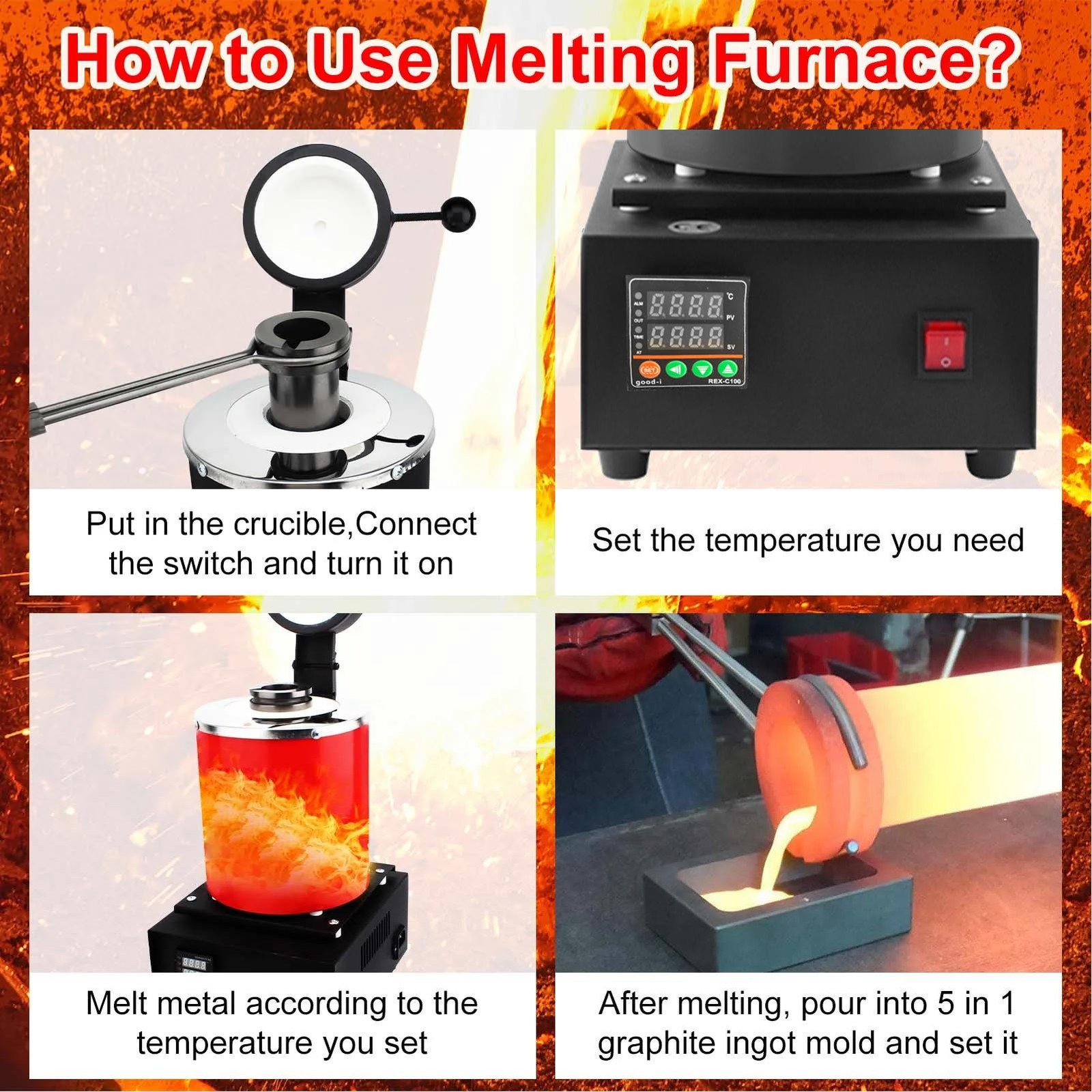 Gold Melting Furnace 1500W Electric Digital Smelting Furnace W/3KG Crucibles