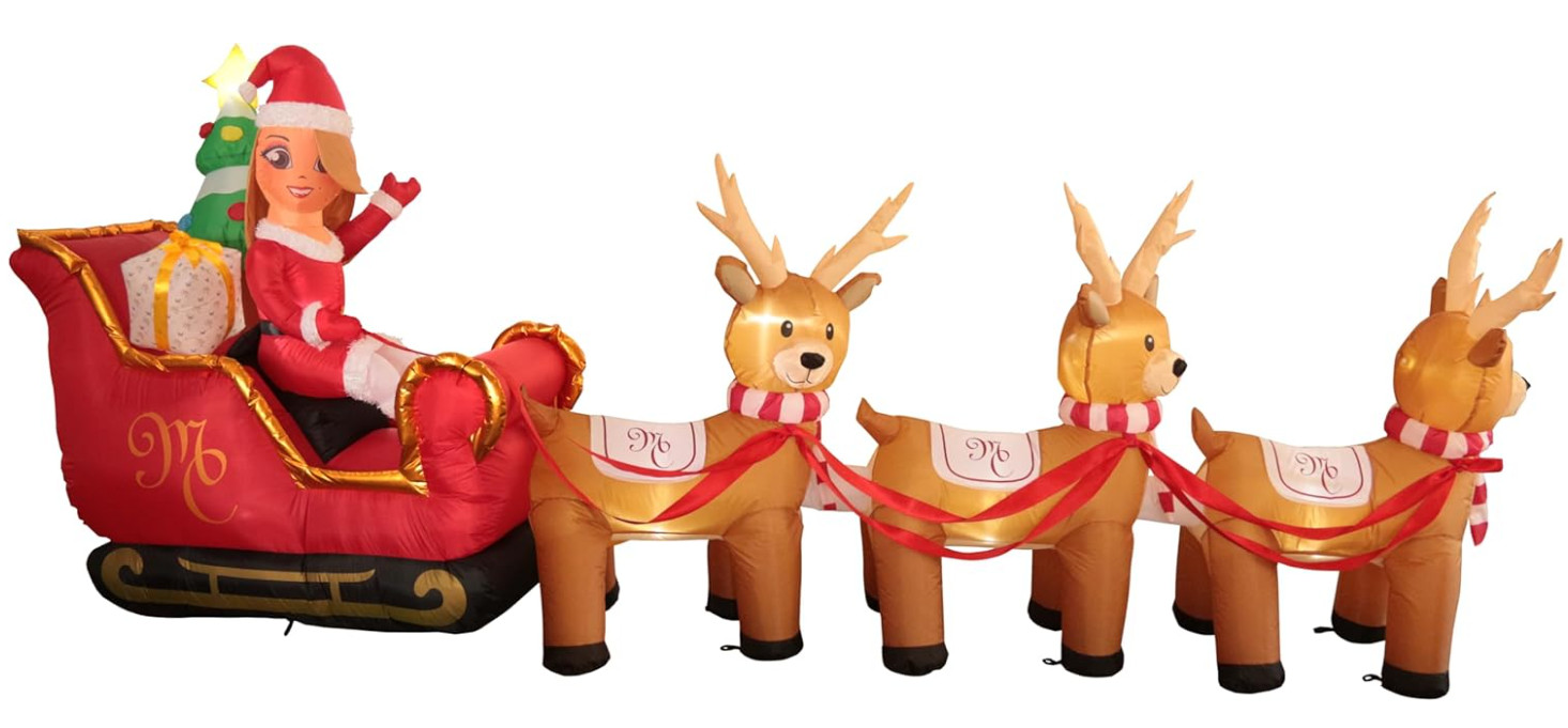 Mariah Carey 12ft Christmas Inflatable Santa Sleigh +3 Reindeer Outdoor -RETIRED