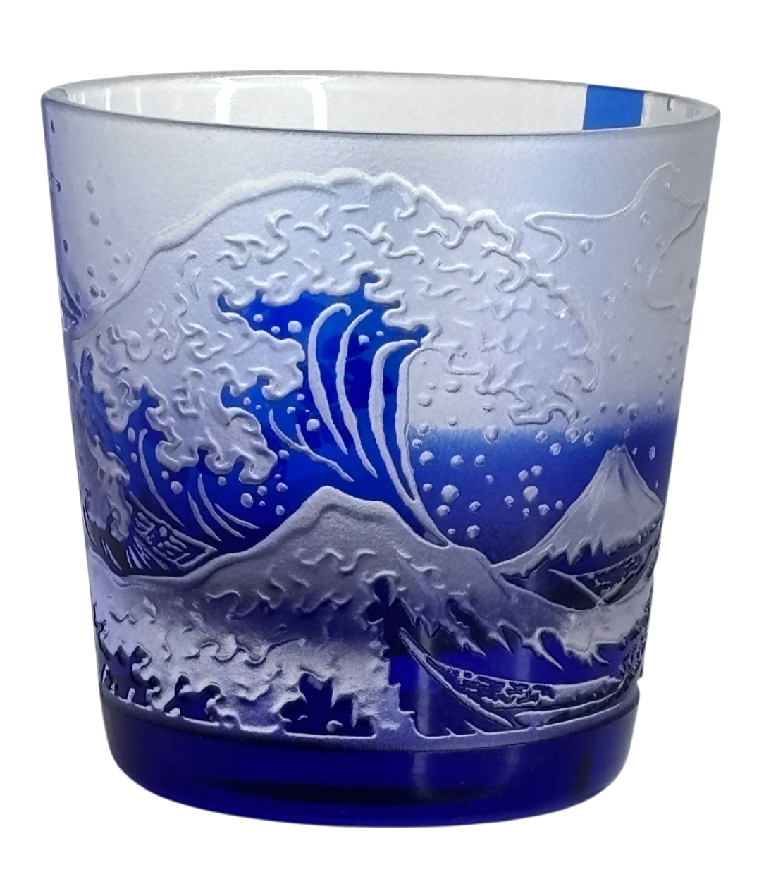 Edo Kiriko Taburo Cut Glass Sake Whiskey Glasses Mt. Fuji, Wave Mini Rock Glass