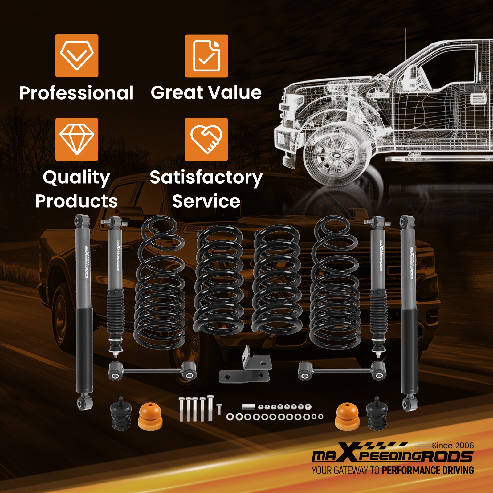 Lowering Springs Shocks Drop Kit 2"/4" for Ram 1500 2WD 2009-2024 Standard Cab