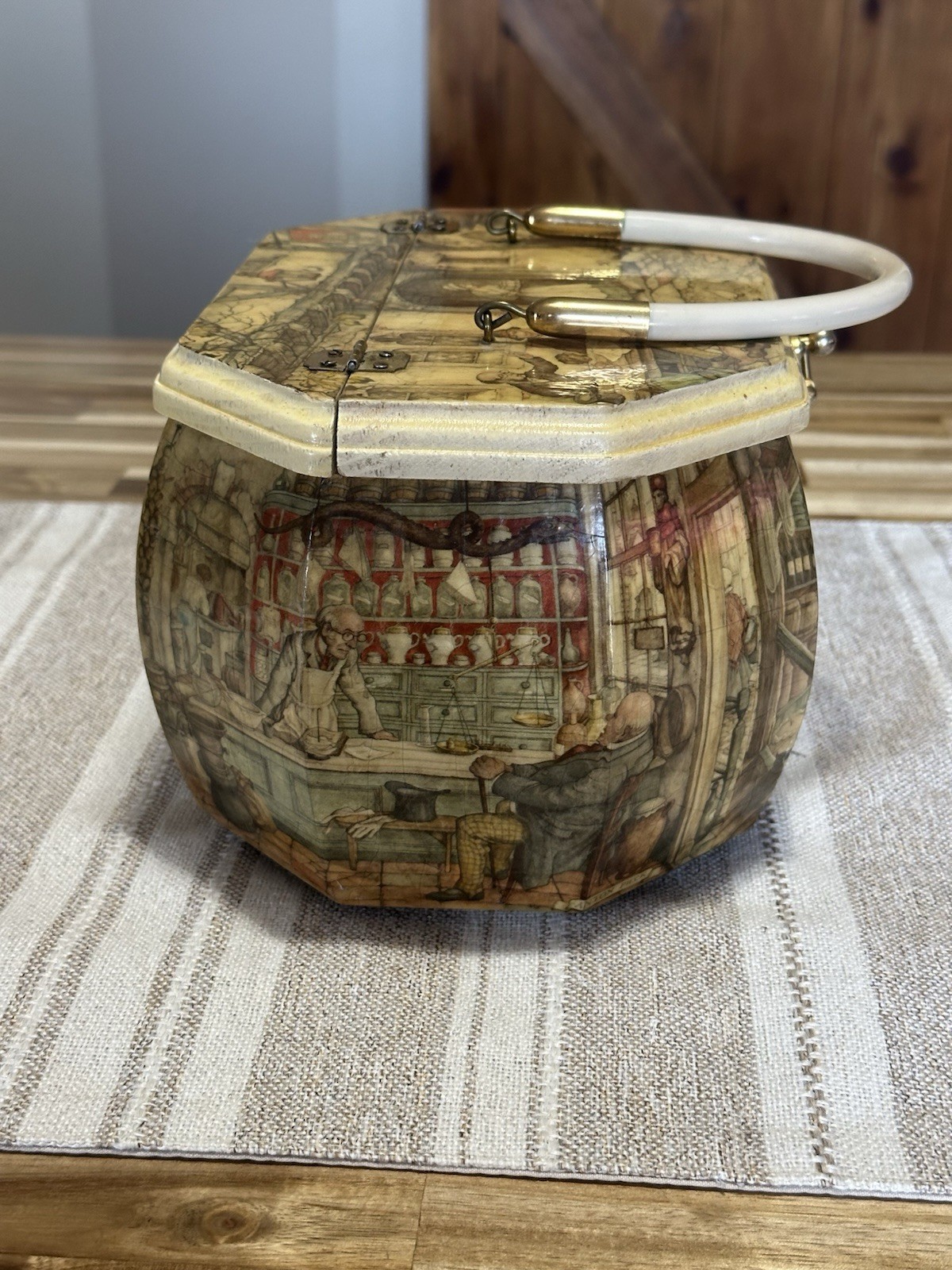 Anton Pieck Wooden Octagon Box Purse w/ Handle 9.5"×6" Vintage