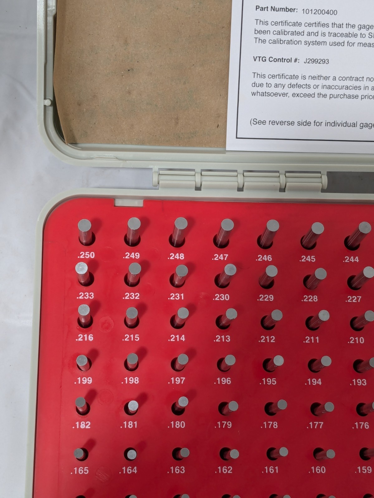 Vermont Gage 190 Pc Class ZZ Plug Gage Set: 0.061 to 0.25" Range 101200400