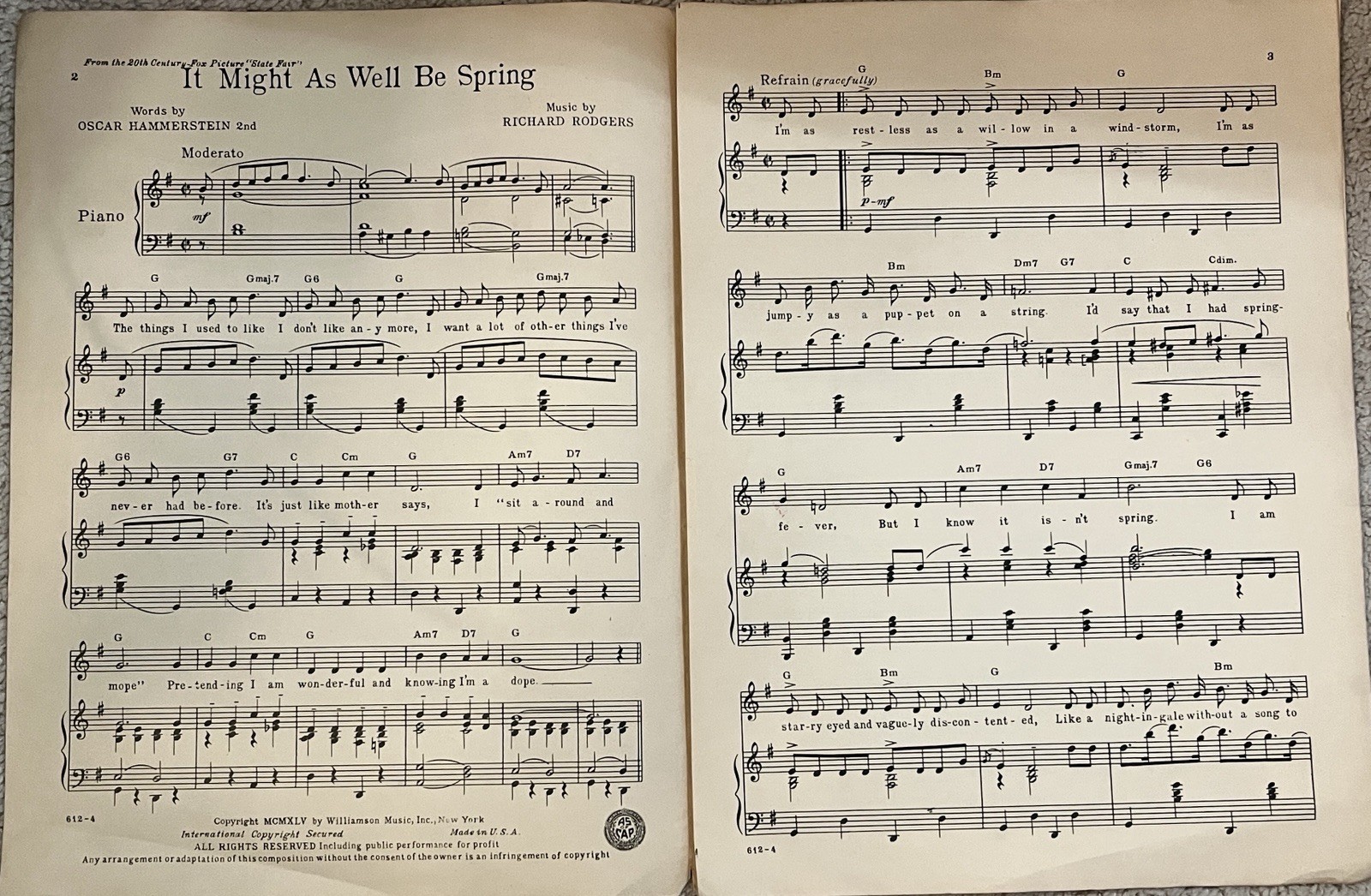 1945 It Might As Well Be Spring Sheet Music Rodgers & Hammerstein's State Fair