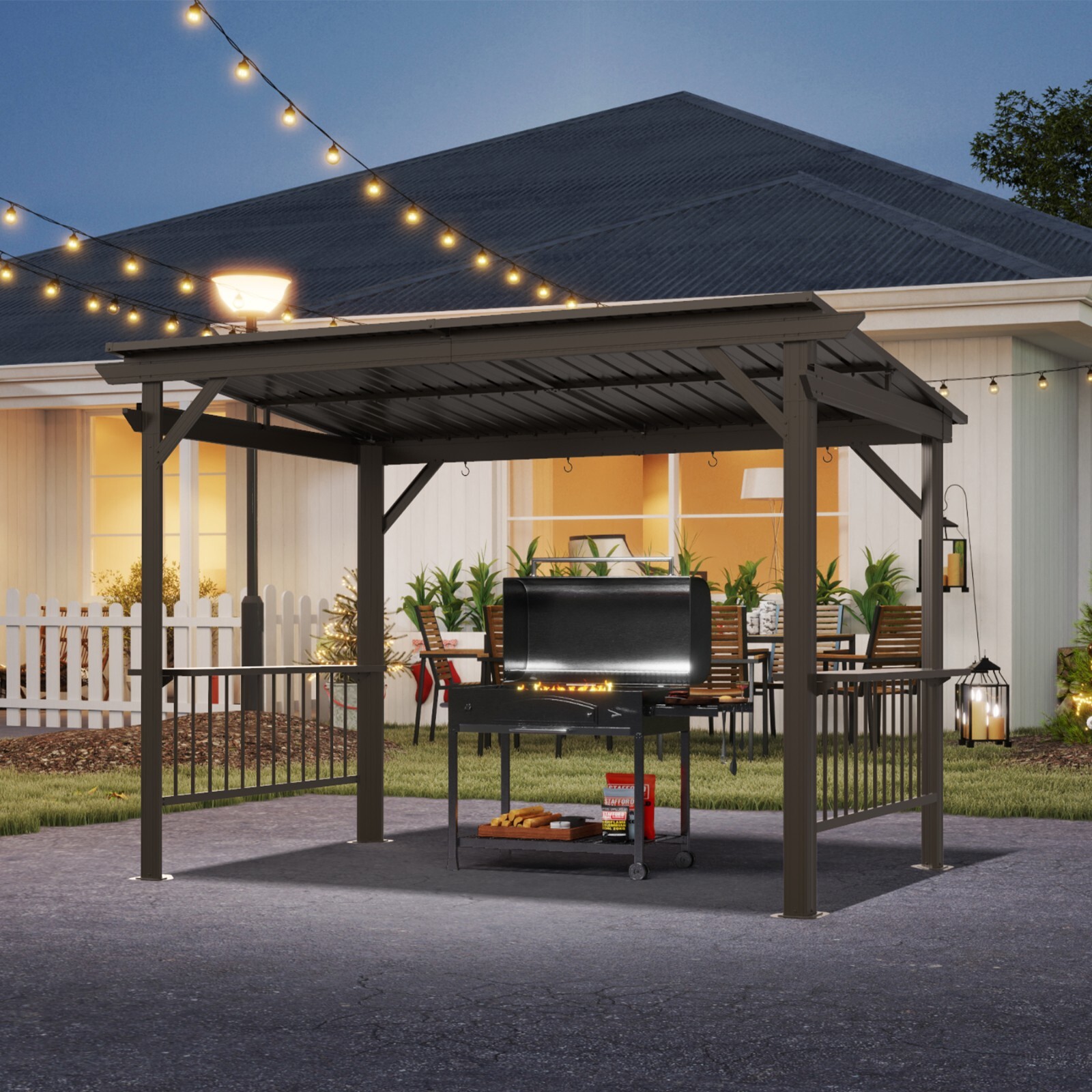 Domi Outdoor 6.5x12FT Hardtop Grill Gazebo w/2 Side Shelves &Ceiling Hook,Brown