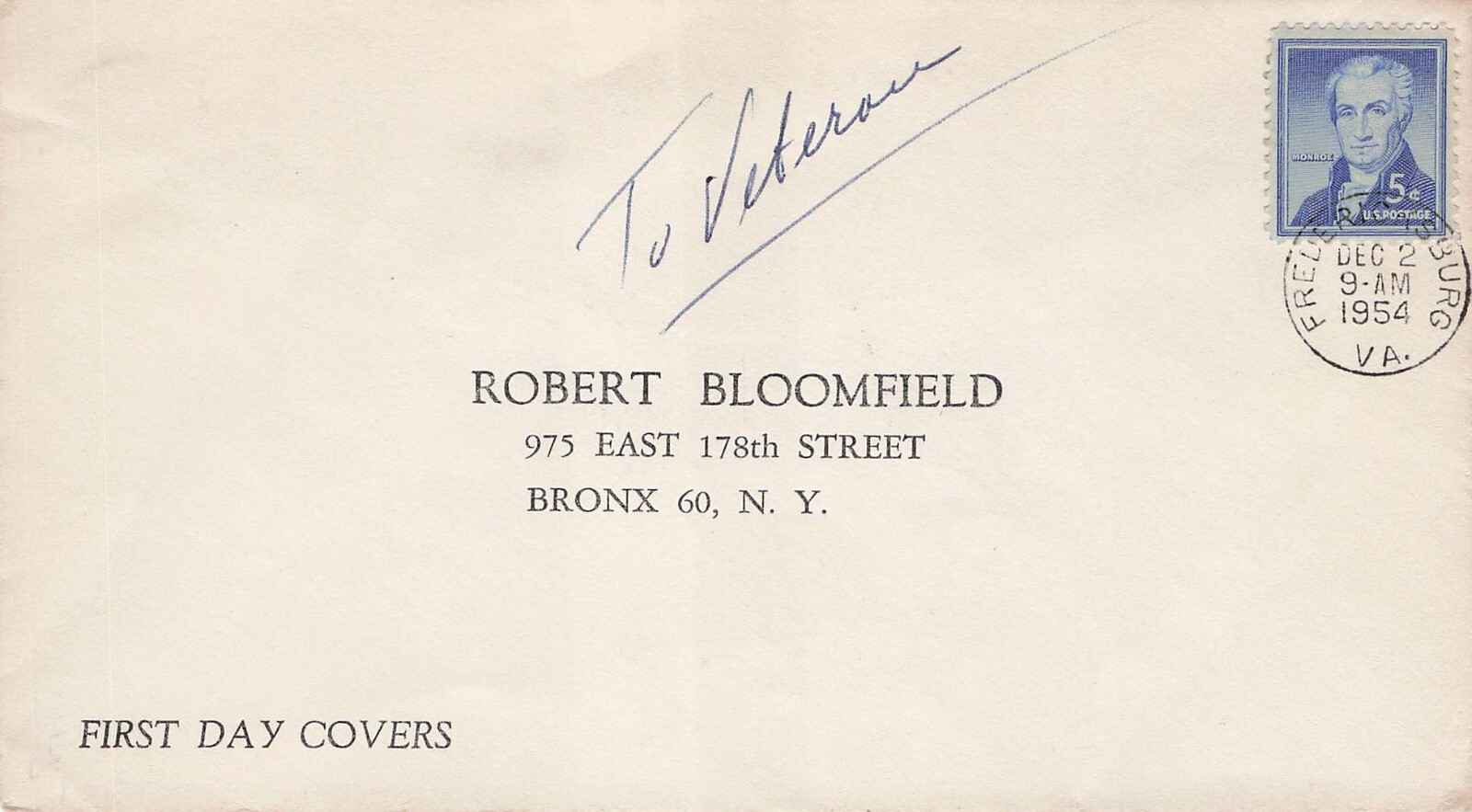 1954 James Monroe 5¢ FDC to Military Veteran Bloomfield Bronx NY Vtg Cover CV03
