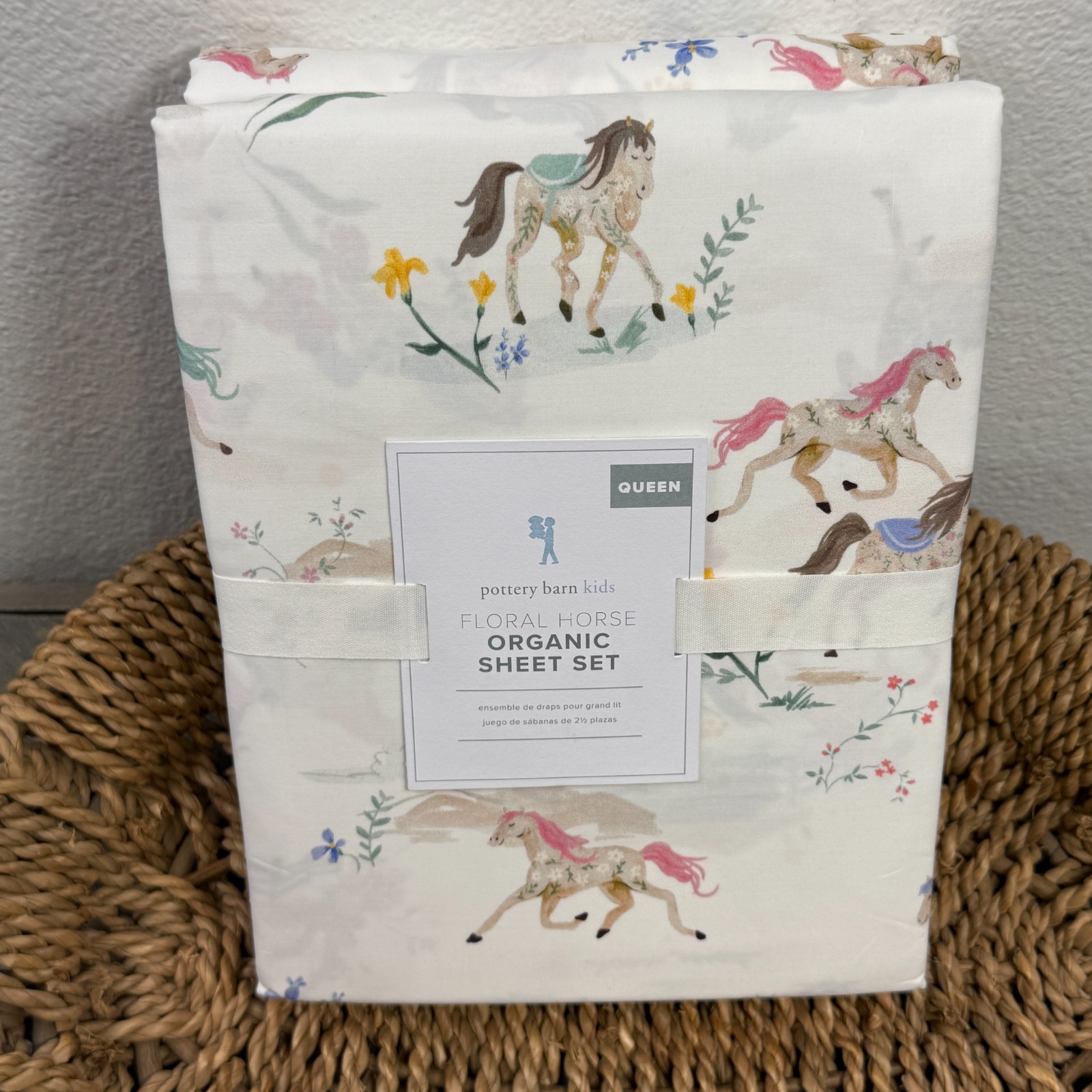POTTERY BARN KIDS FLORAL HORSE ORGANIC COTTON SHEET SET, QUEEN ~ MULTI