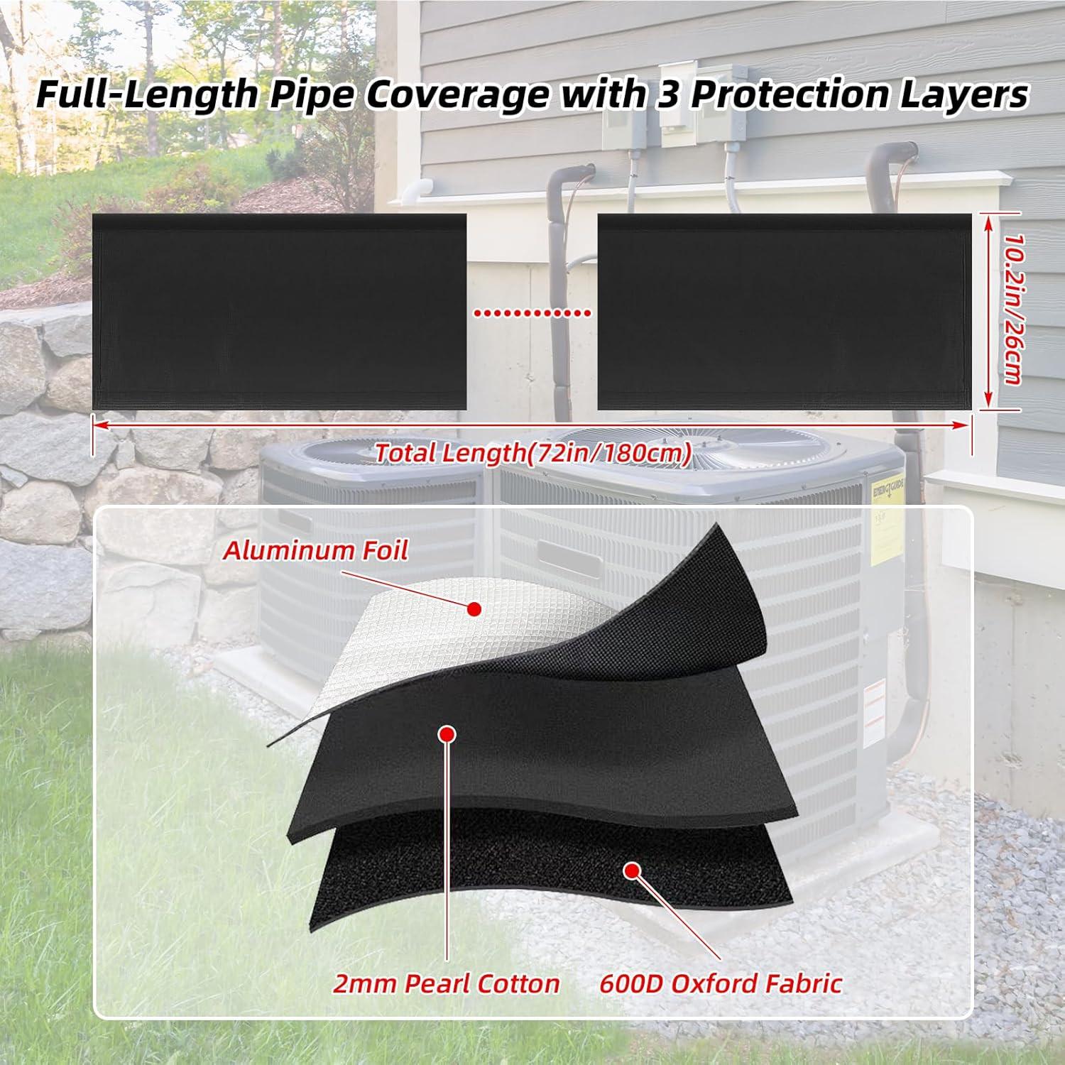 3-Layer 72X10.2 in HVAC Pipe Insulation Cover,Outdoor AC Line Insulation Cover w