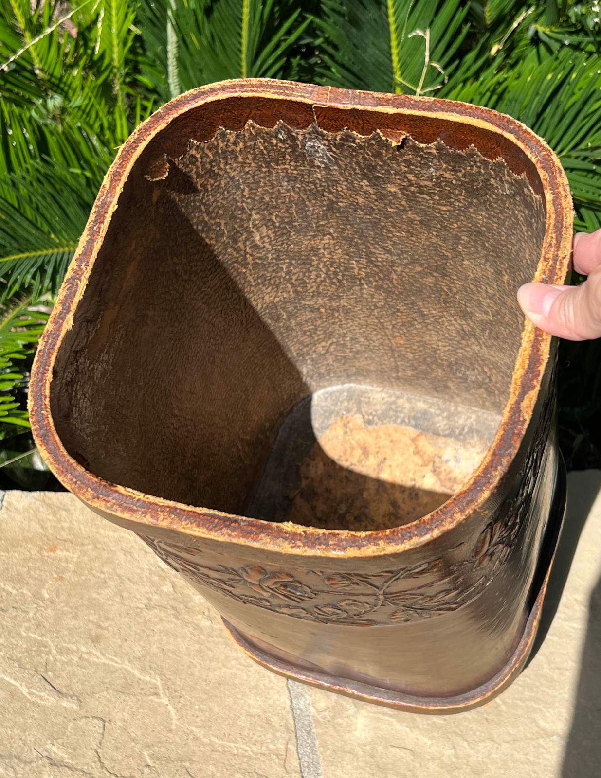 VTG Faux Leather Tooled Embossed Floral Umbrella Cane Stand Waste Basket Brown
