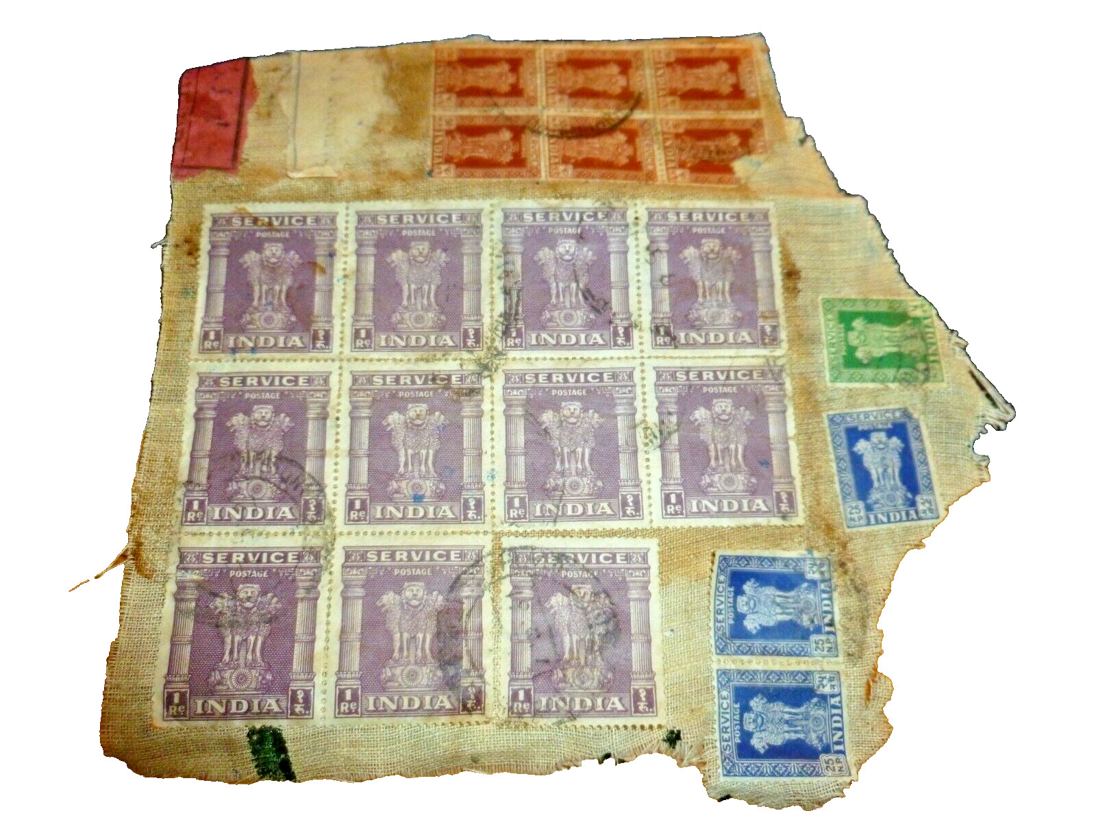 Indian Stamps Asoka Pillar Stamps Purple Green Blue Red on Old Postage Cloth