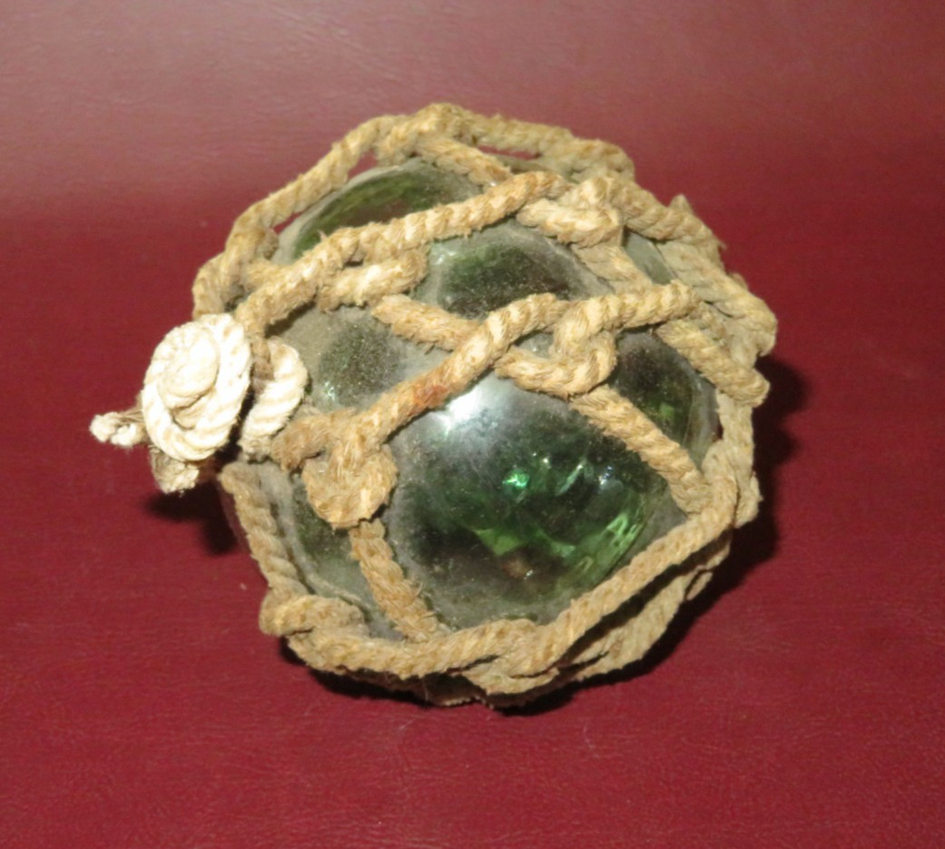 Antique 3" Japanese Rope-Wrapped Blue Hand-Blown Glass II Mark Fishing Net Float