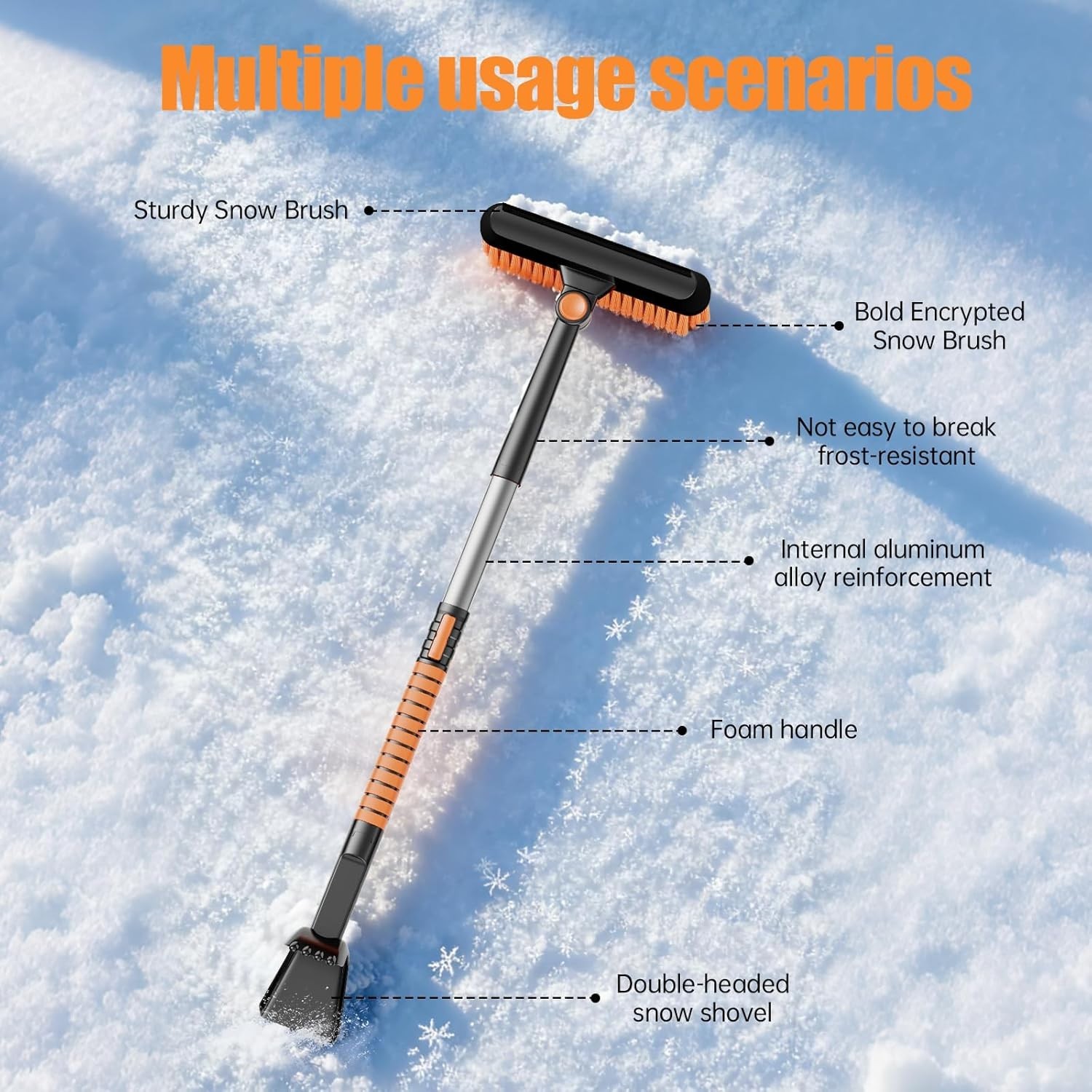 3-in-1 Snow Brush & Ice Scraper with 42” Extendable Handle