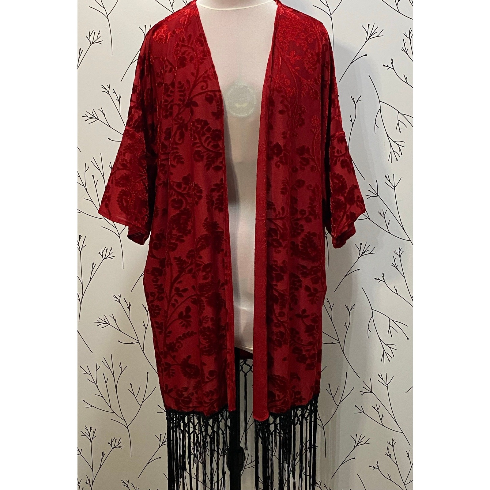 Gypsies & Moondust Red Velvet Burnout Kimono Black Fringe Medium