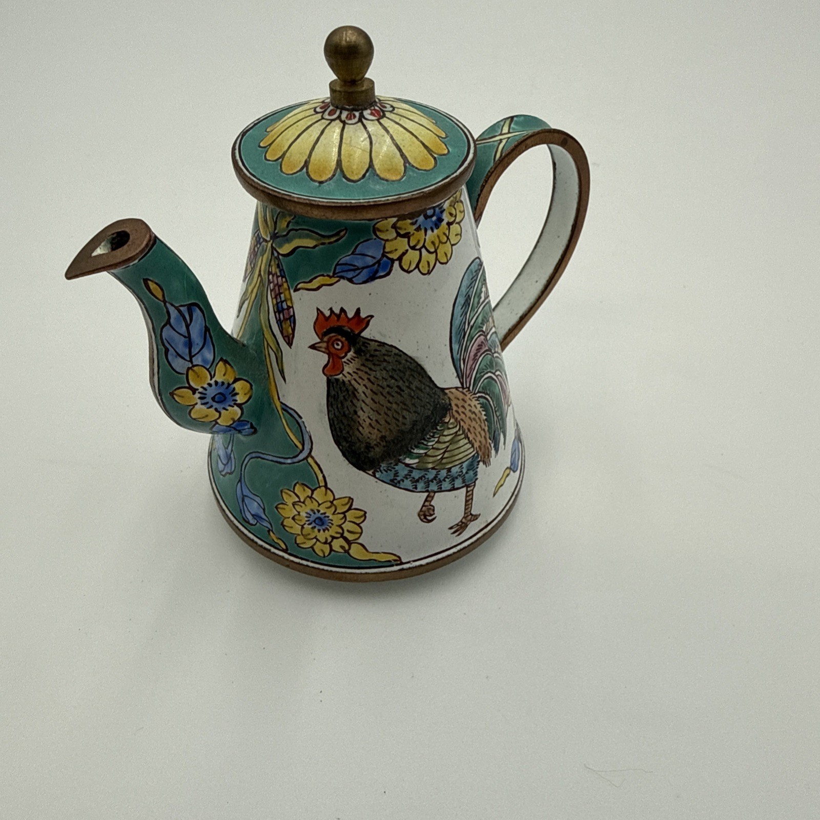 KELVIN CHEN Miniature Teapot 2000 Enameled Copper Rooster Chicken Florals #1852