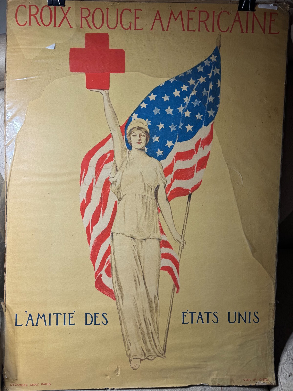 Rare Original WW1 "Croix Rouge Americaine, L'Amitie Des Etats Unis" Poster