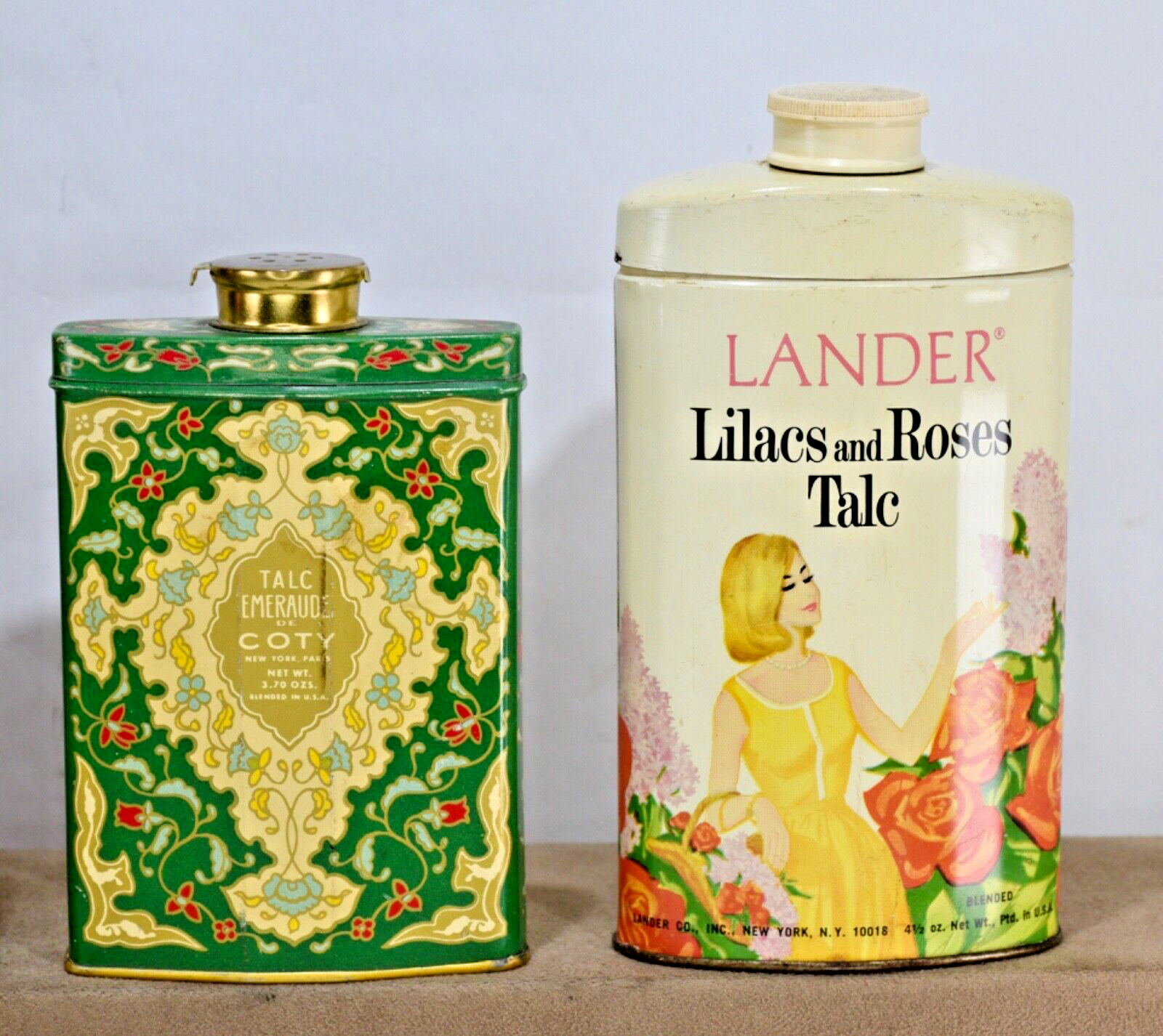 Vintage Advertising Perfume Talcum Powder Tin Emeraude Coty, Egyptian + Lot of 4