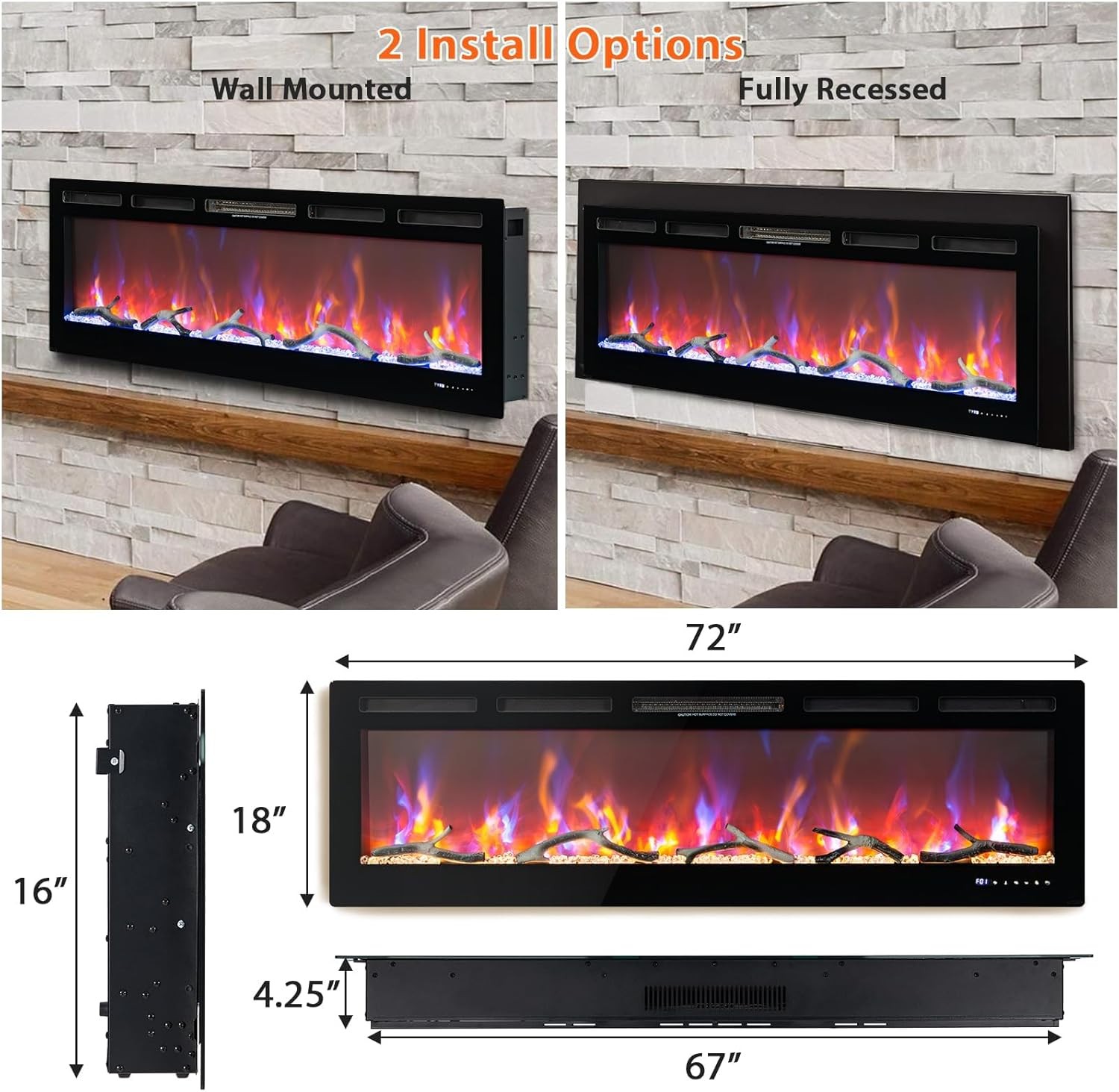 72 Inch Electric Fireplace in-Wall Recessed and Wall Mounted Heater 750W/1500W