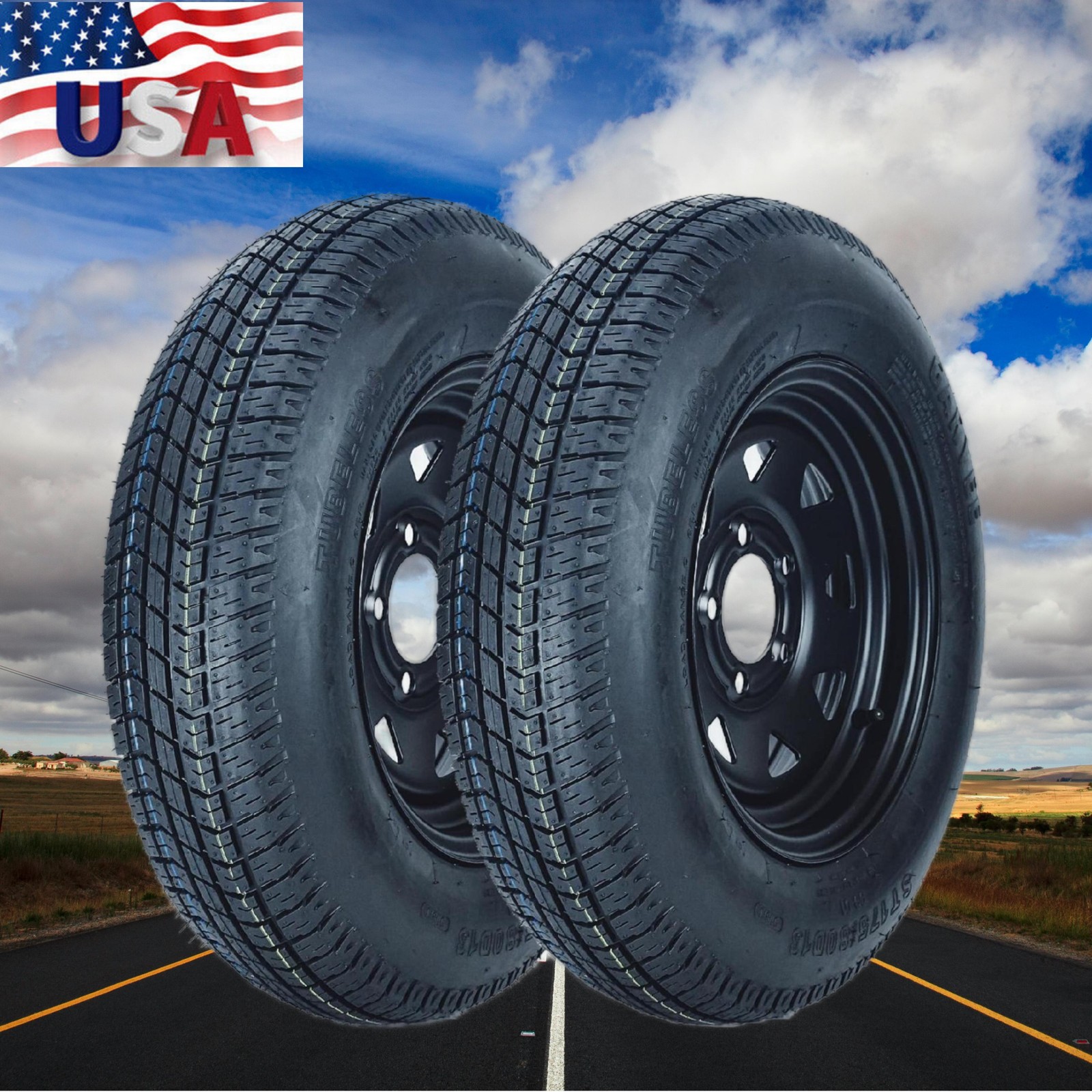 2 Pack ST175/80D13 Trailer Tires with 13" Rims 175/80 D 13 5 Lug on 4.5 Black