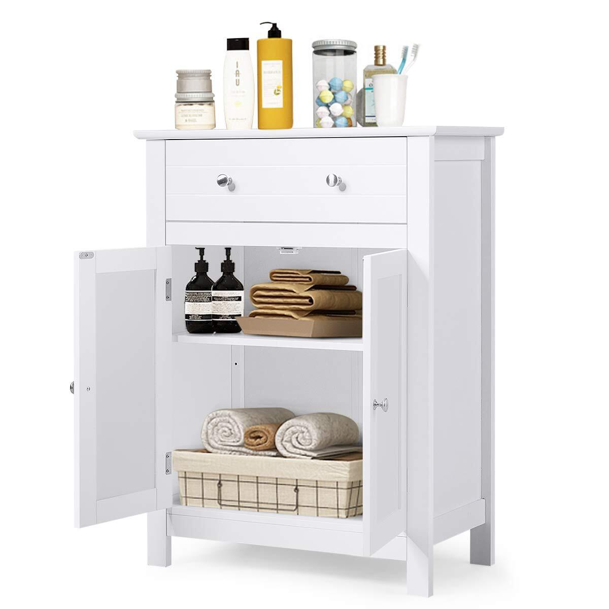 White Wooden Bathroom Floor Cabinet Storage Cupboard W/ Shelves for Home Kitchen