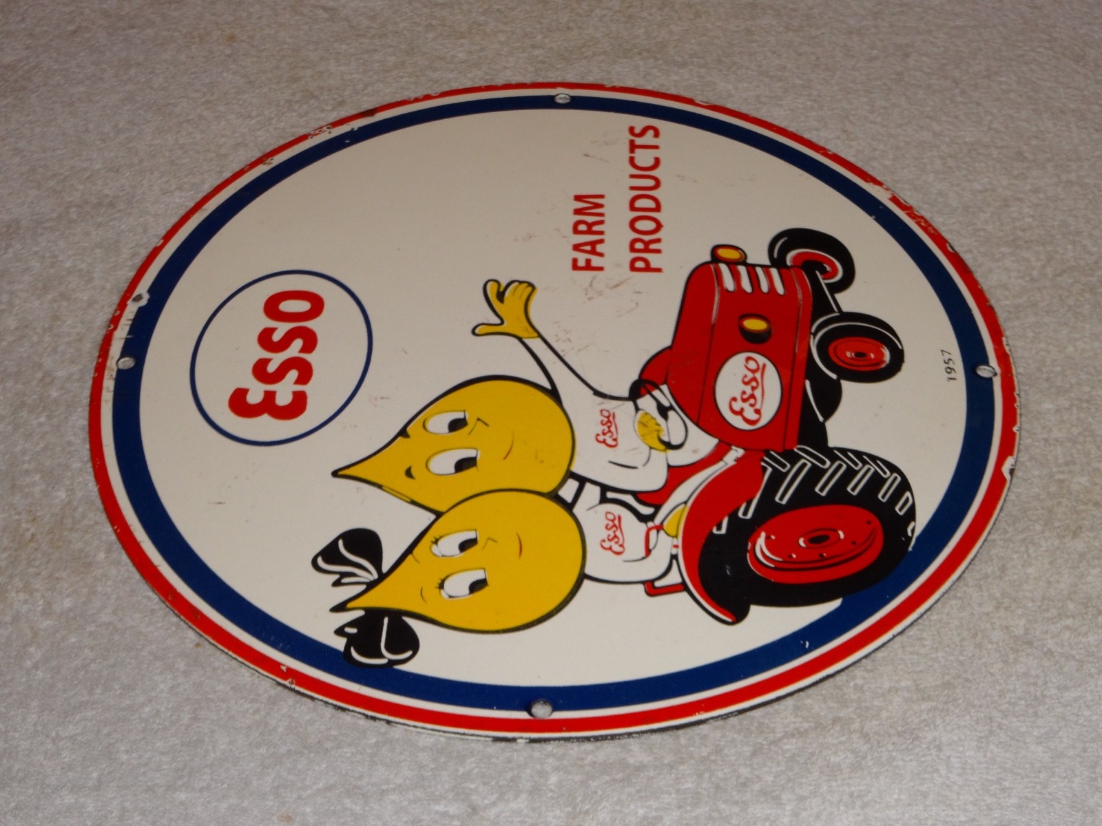 VINTAGE 1957 ESSO FARM OIL DROP BOY GIRL 11 3/4" PORCELAIN TRACTOR GASOLINE SIGN