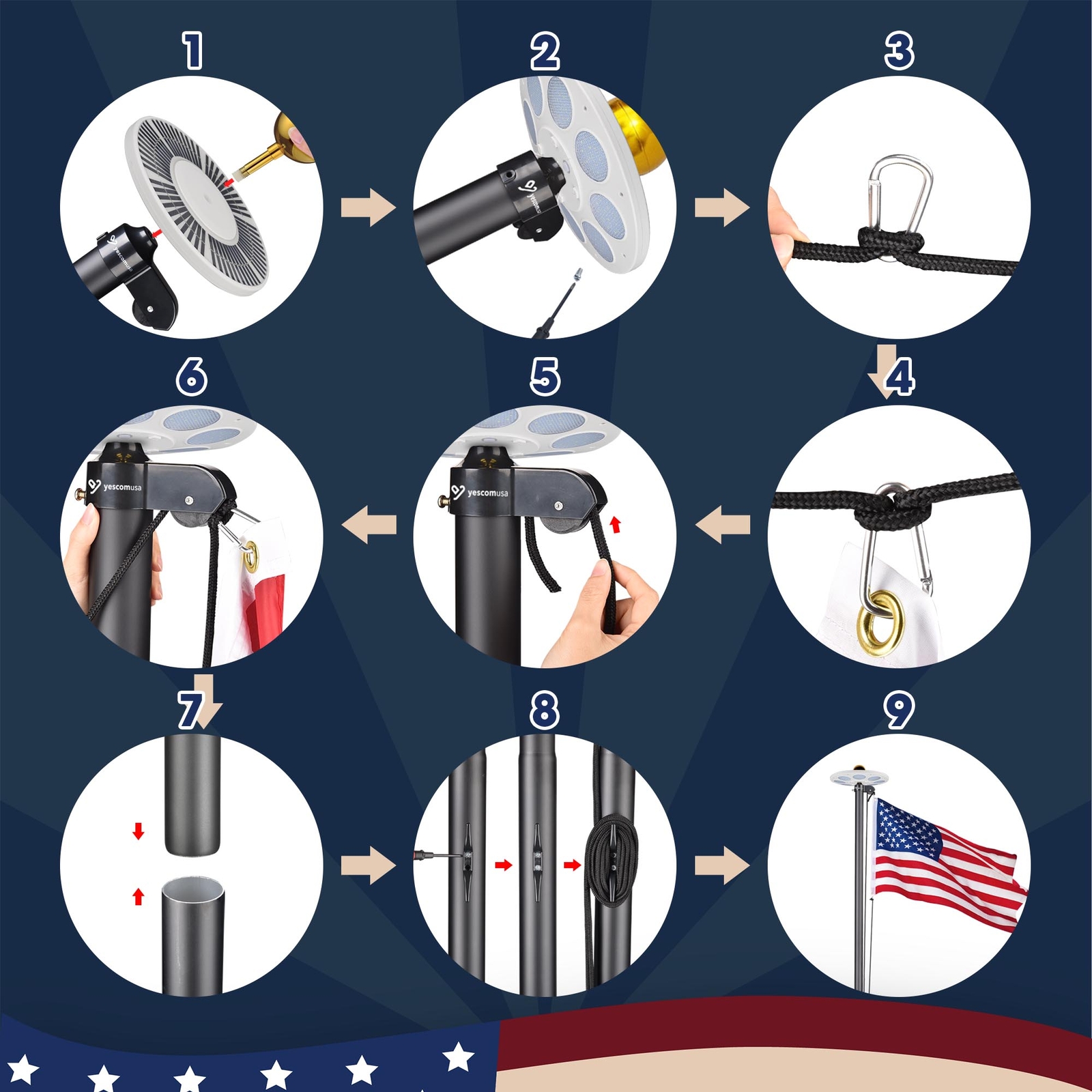 Yescom Bravery 20ft LED Solar Light Sectional Flag Pole Kit Outside Black