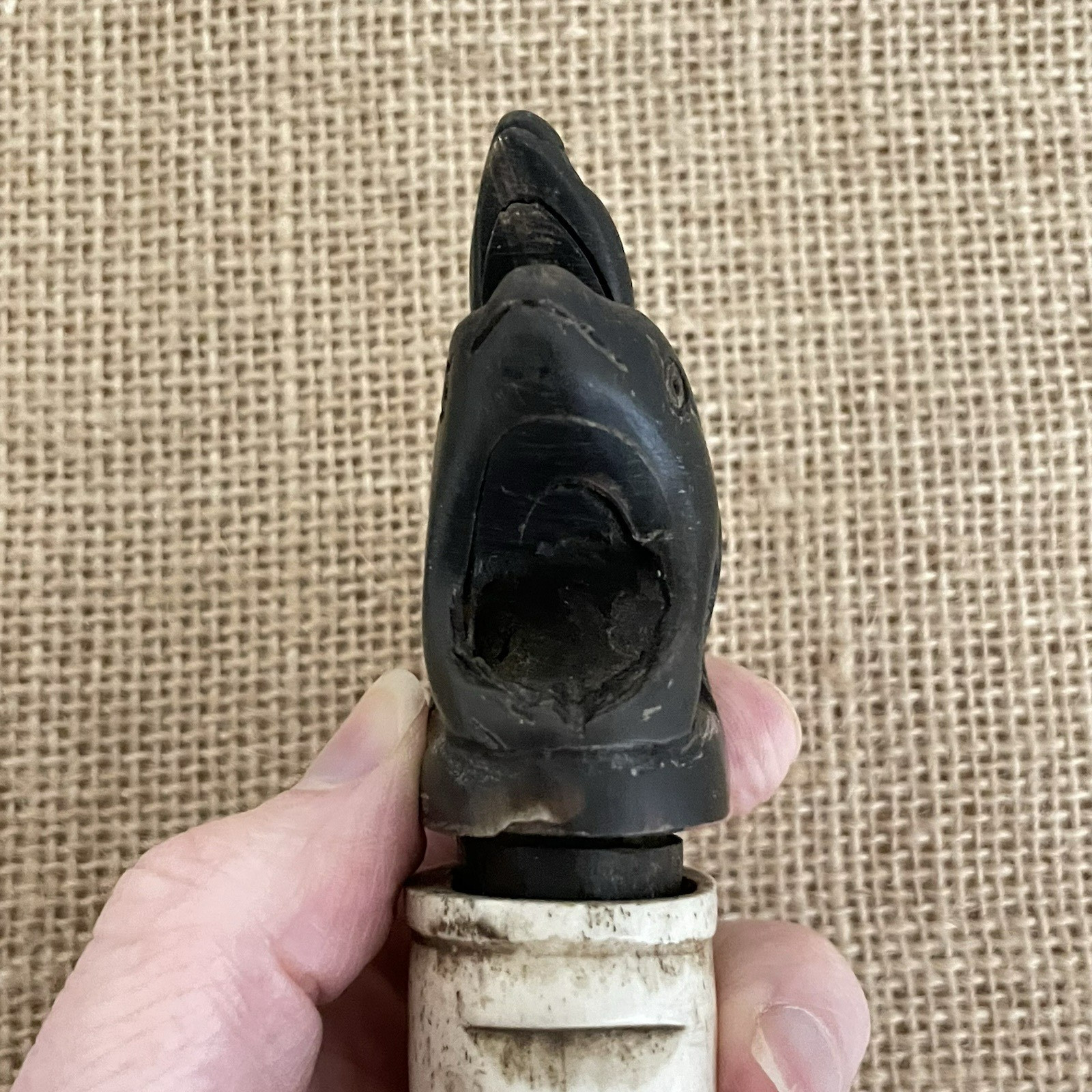 Vintage African Carved Antler Container Snuff Bottle 6.5" x 1.5" Frog Stopper