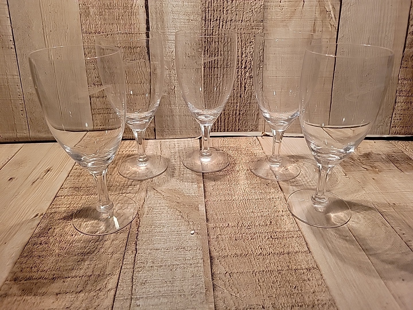 5 FOSTORIA Ford THUNDERBIRD Promo Etched crystal Wine Glass set Vintage Stemware