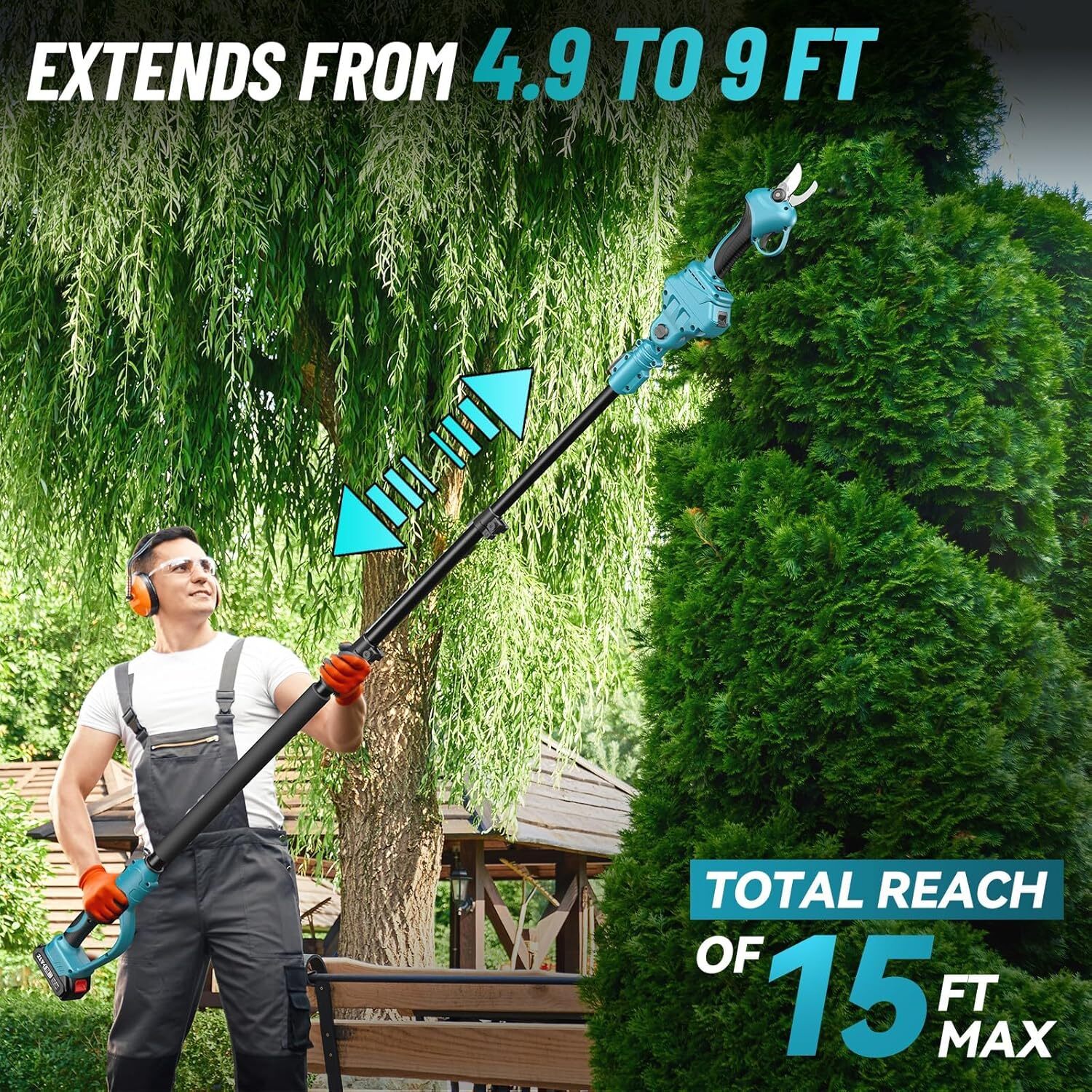 Seesii 2-in-1 Cordless Pole Pruning Shears, 15Ft Reach Brushless 2x4.0A Battery