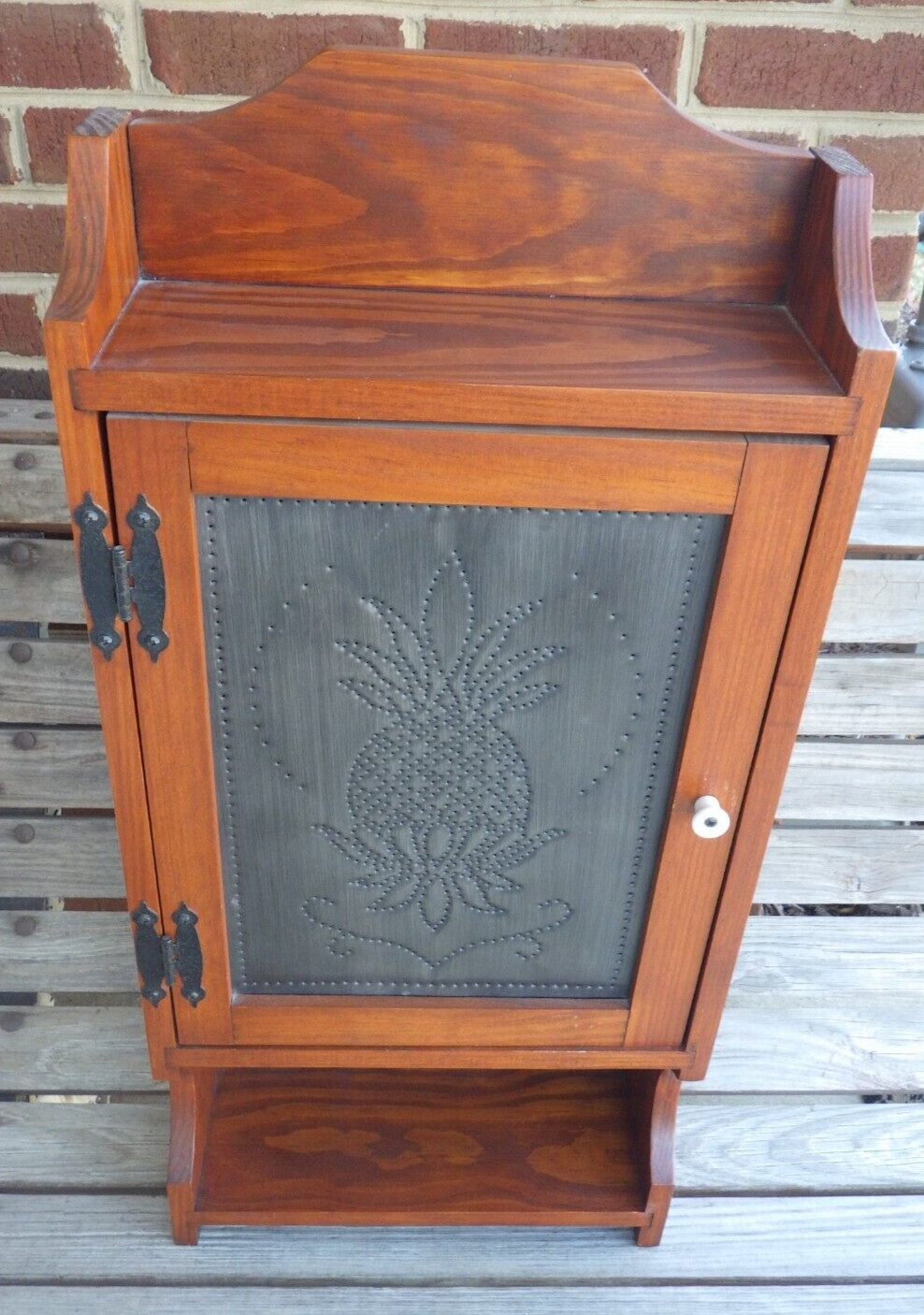 Wall Cabinet Mahogany Wood Punched Tin Pineapple Motif Farmhouse Décor