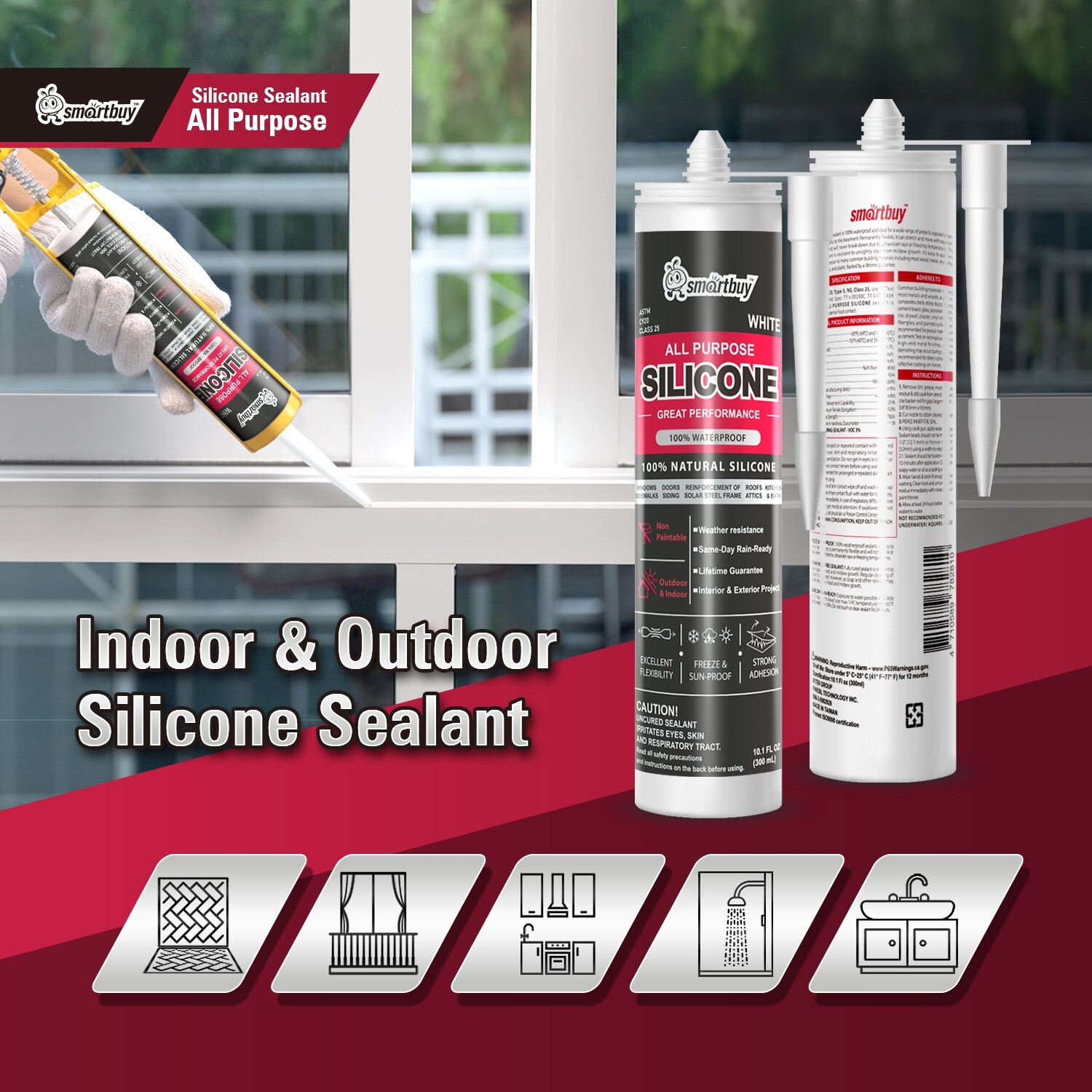 Smartbuy All Purpose 100% Clear Silicone Sealant Adhesive For Glass Window Door