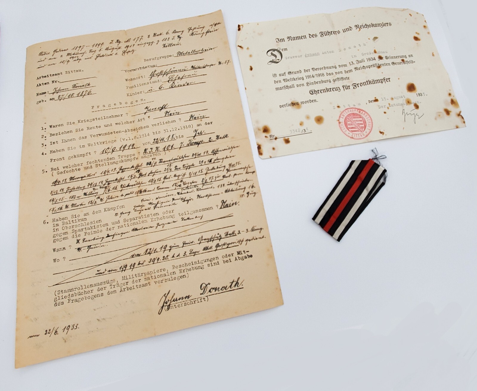 WWI WW1 Original German Somme veteran service record set award documents ribbon