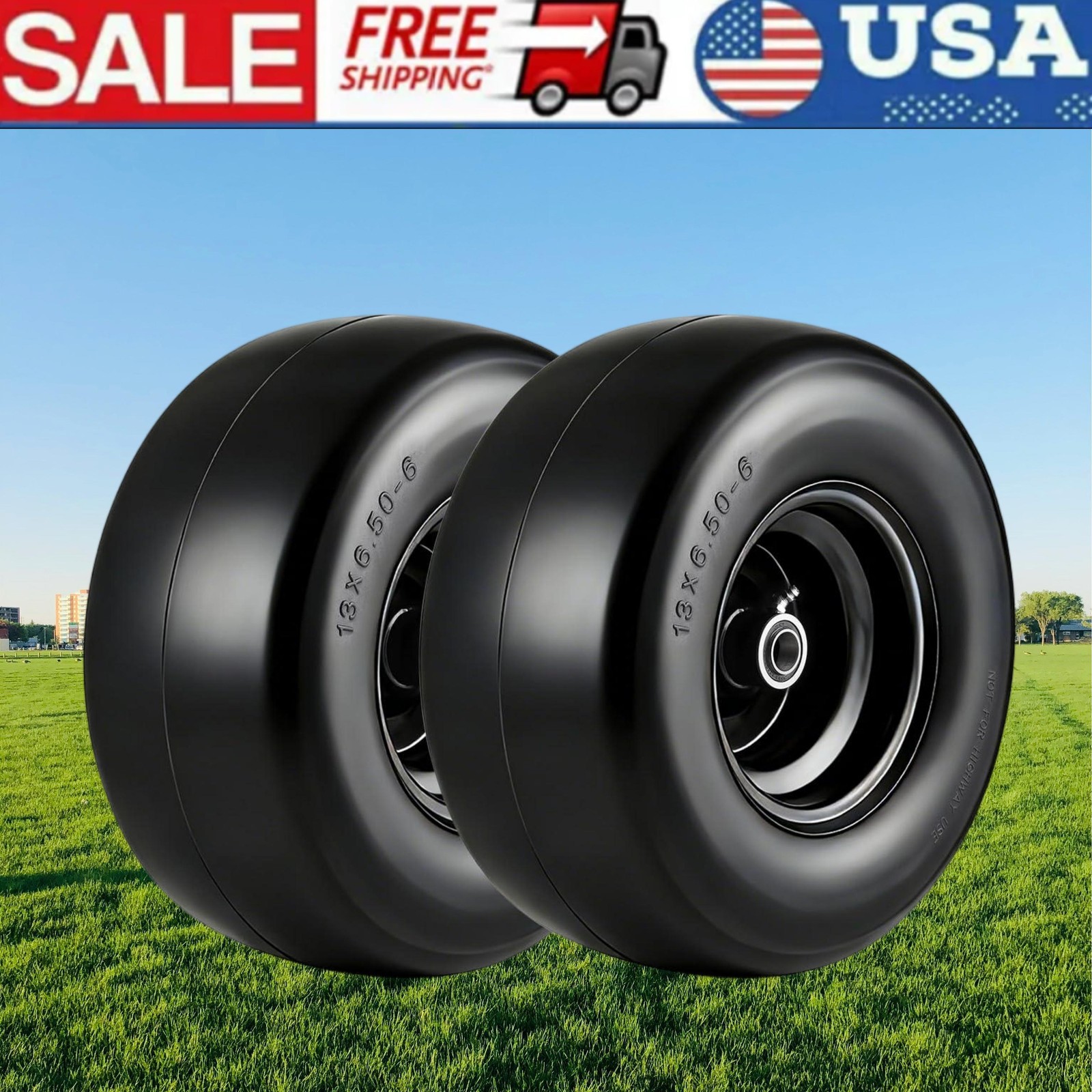 2 pack 13x6.50-6 Flat Free Tire Wheel Set w/ Bearing For Zero-Turn Lawn Mower