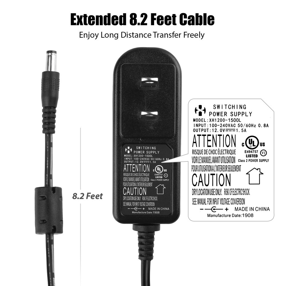 12V Yamaha Keyboard Power Cord PSR, YPG, YPT, DGX, DD, EZ and P Digital Piano
