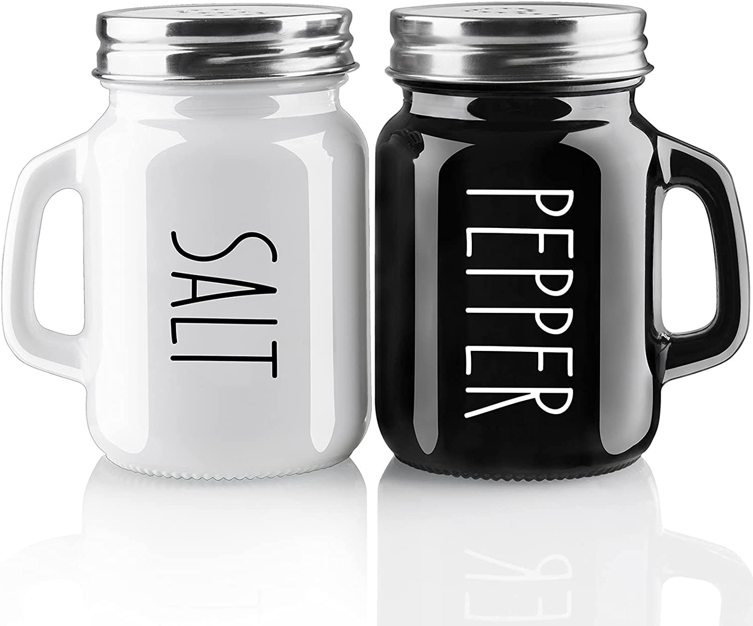 Salt and Pepper Shakers Set,  4 Oz Cute Glass Black White Sets Stainless Lids